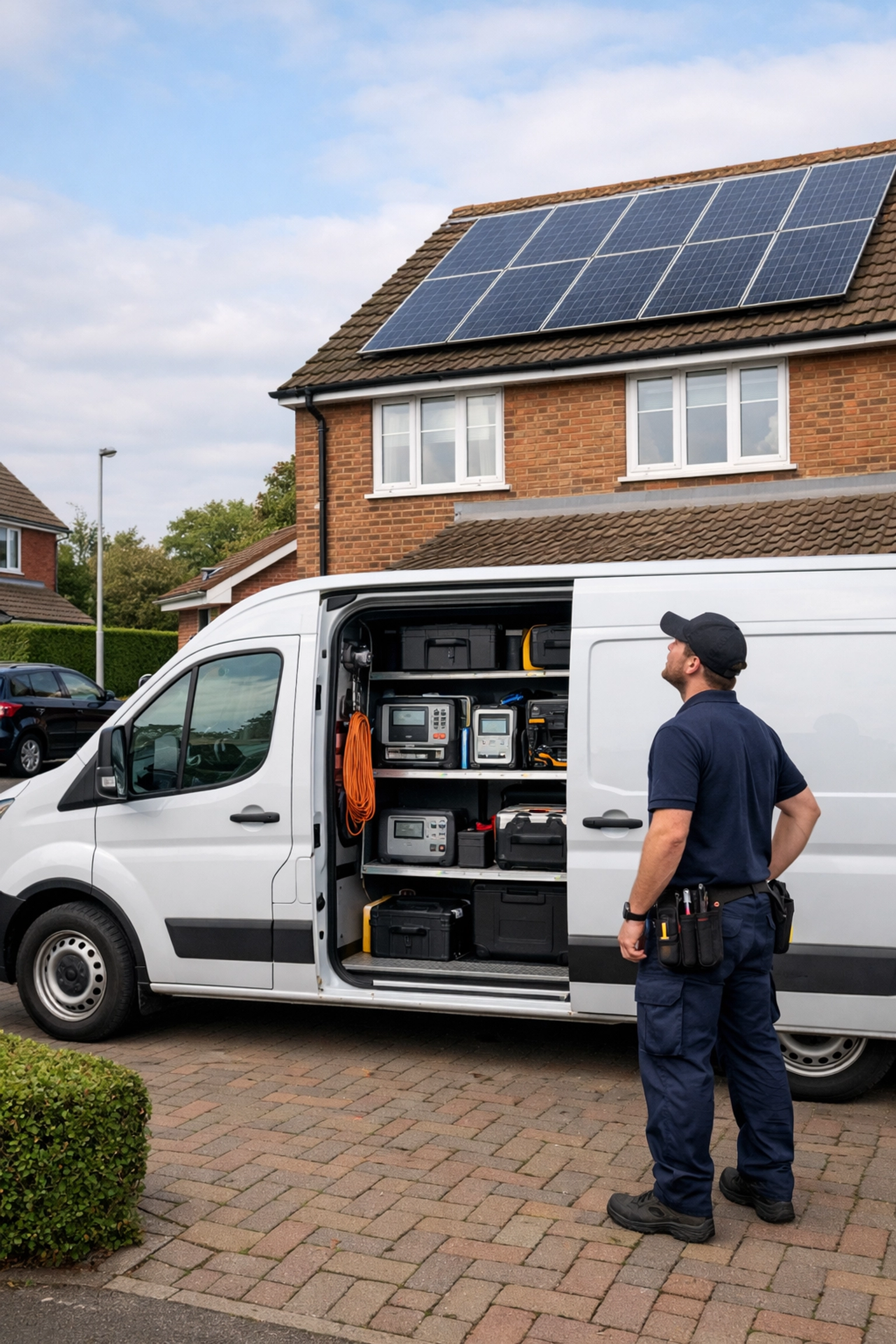 Professional solar maintenance technician and service van at a UK residence.