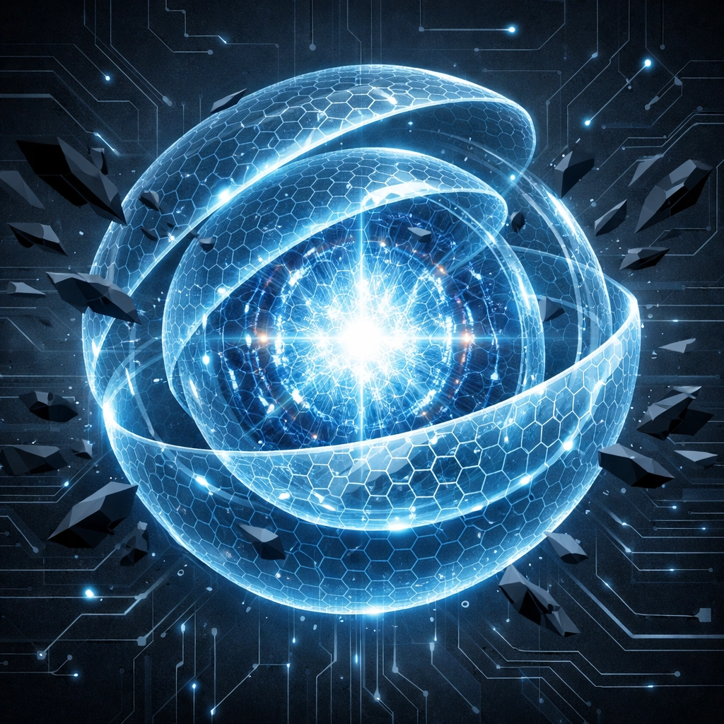 Protective digital shield around a data core representing proactive network security monitoring.