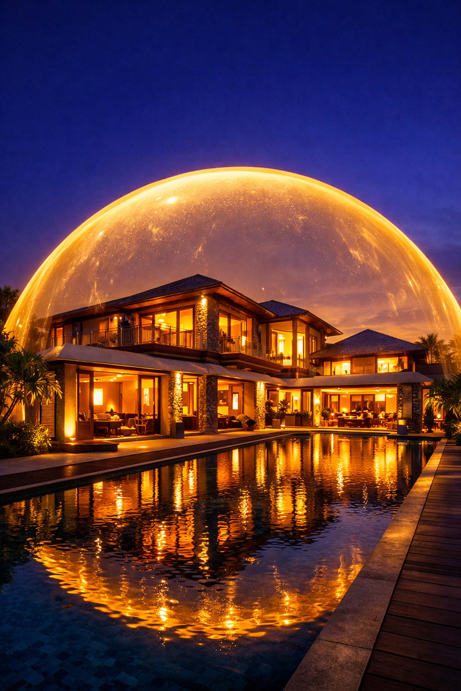 Luxury Indian estate at twilight protected by a glowing shield representing property insurance.