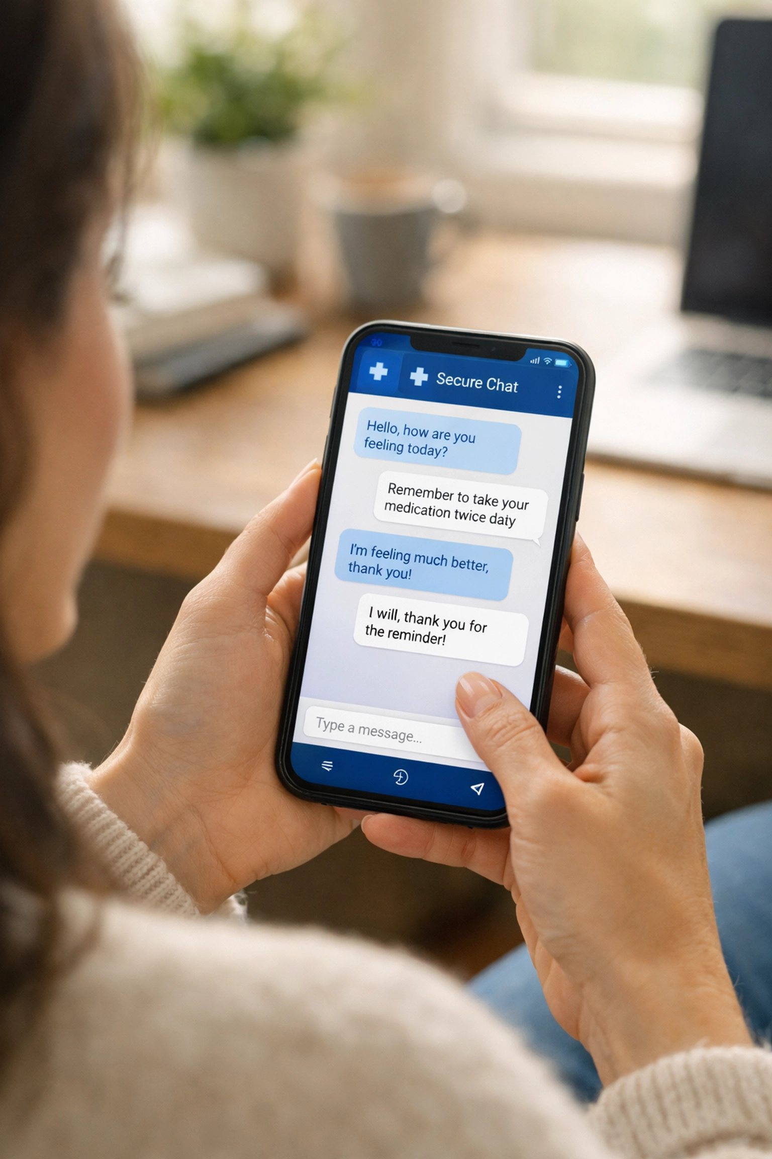 Woman using secure medical messaging on a smartphone for discreet sexual health and birth control consultation.