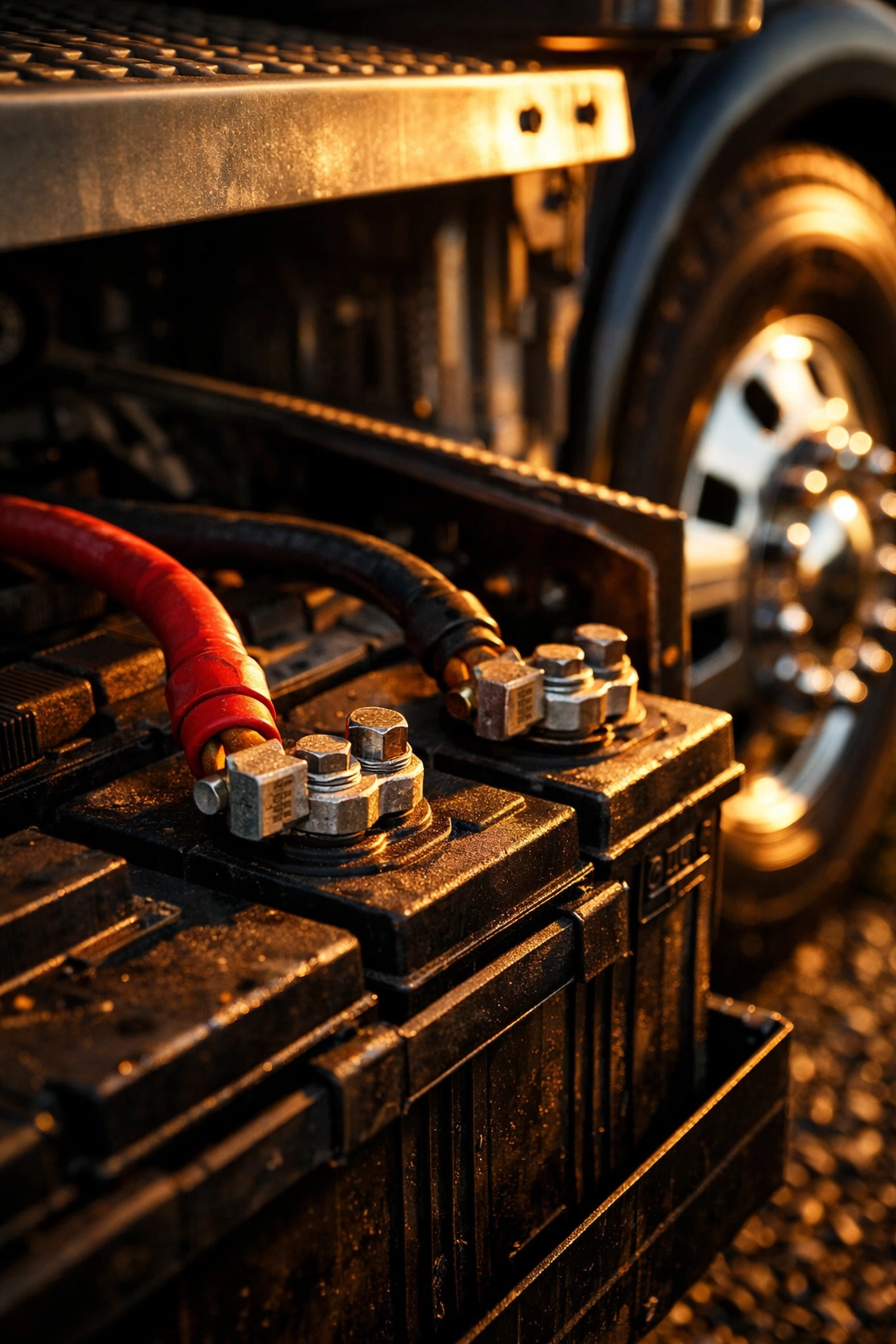 Close-up of heavy duty truck battery terminals and cables for mobile semi truck repair services.