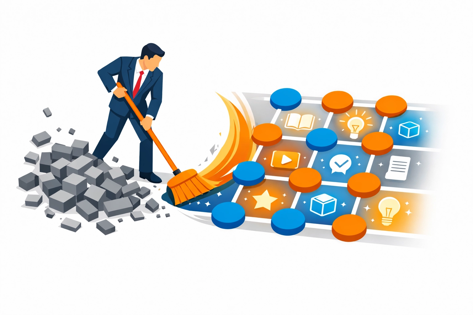 A digital cleanup transforming messy files into structured learning units for better LMS content hygiene.