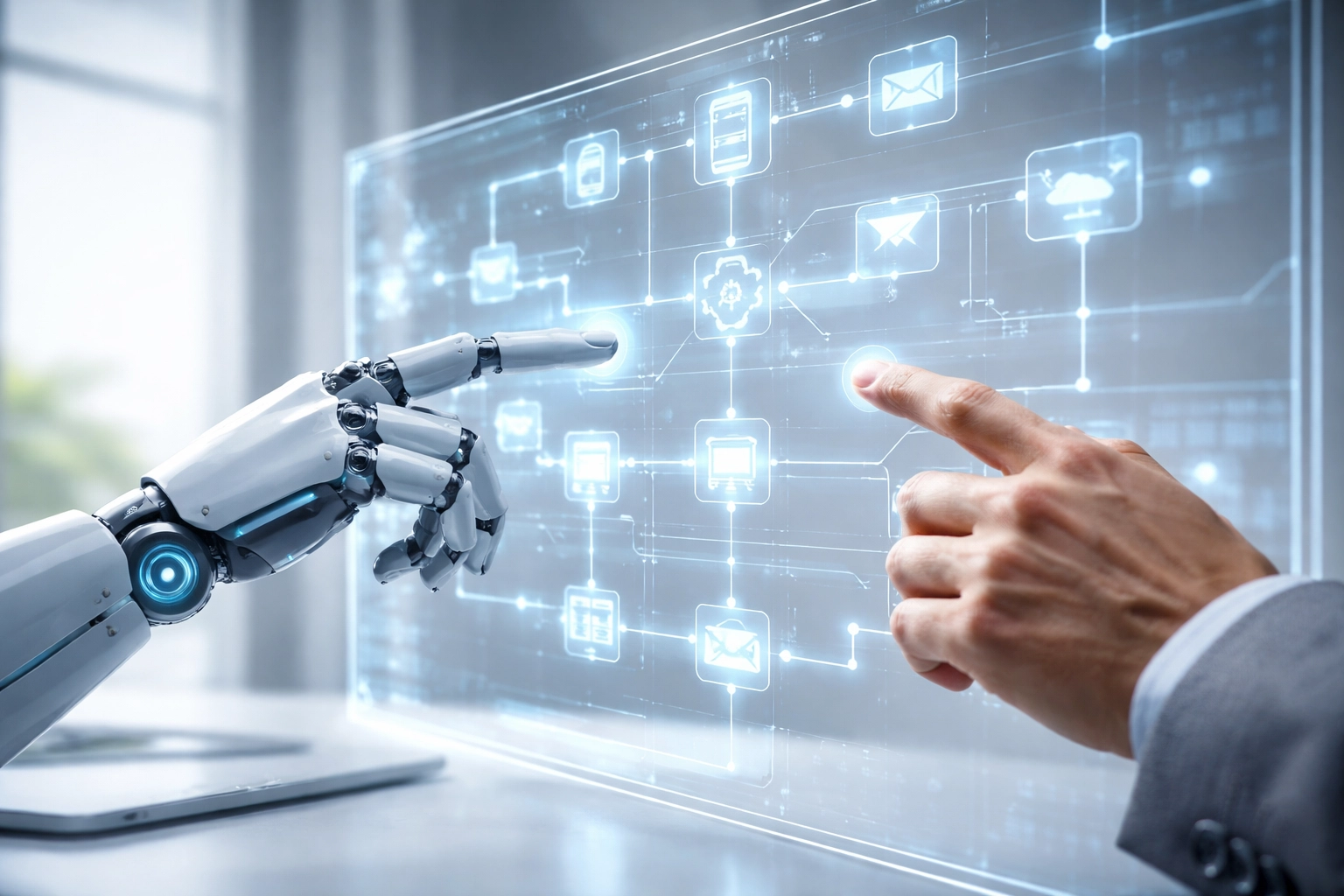 Robot and human hands collaborate on a transparent interface, symbolizing agentic AI's proactive workflow integration.