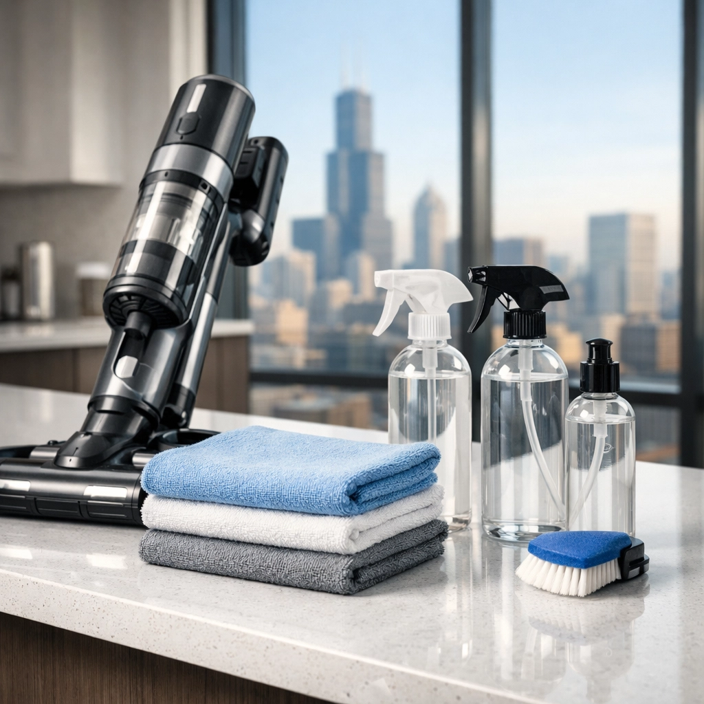 Professional turnover cleaning supplies on a modern kitchen counter in a Chicago high-rise apartment.