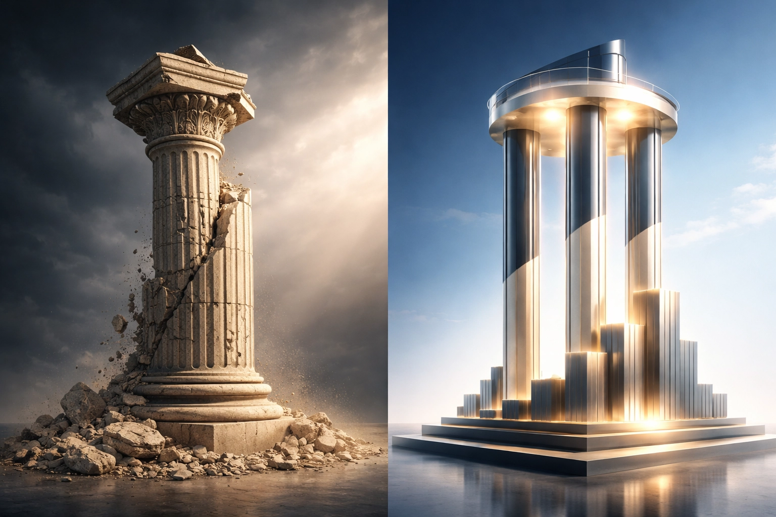 Visual contrast of a crumbling pillar next to a modern glass structure, symbolizing transition from 60/40 to the 40/30/30 portfolio for better diversification.