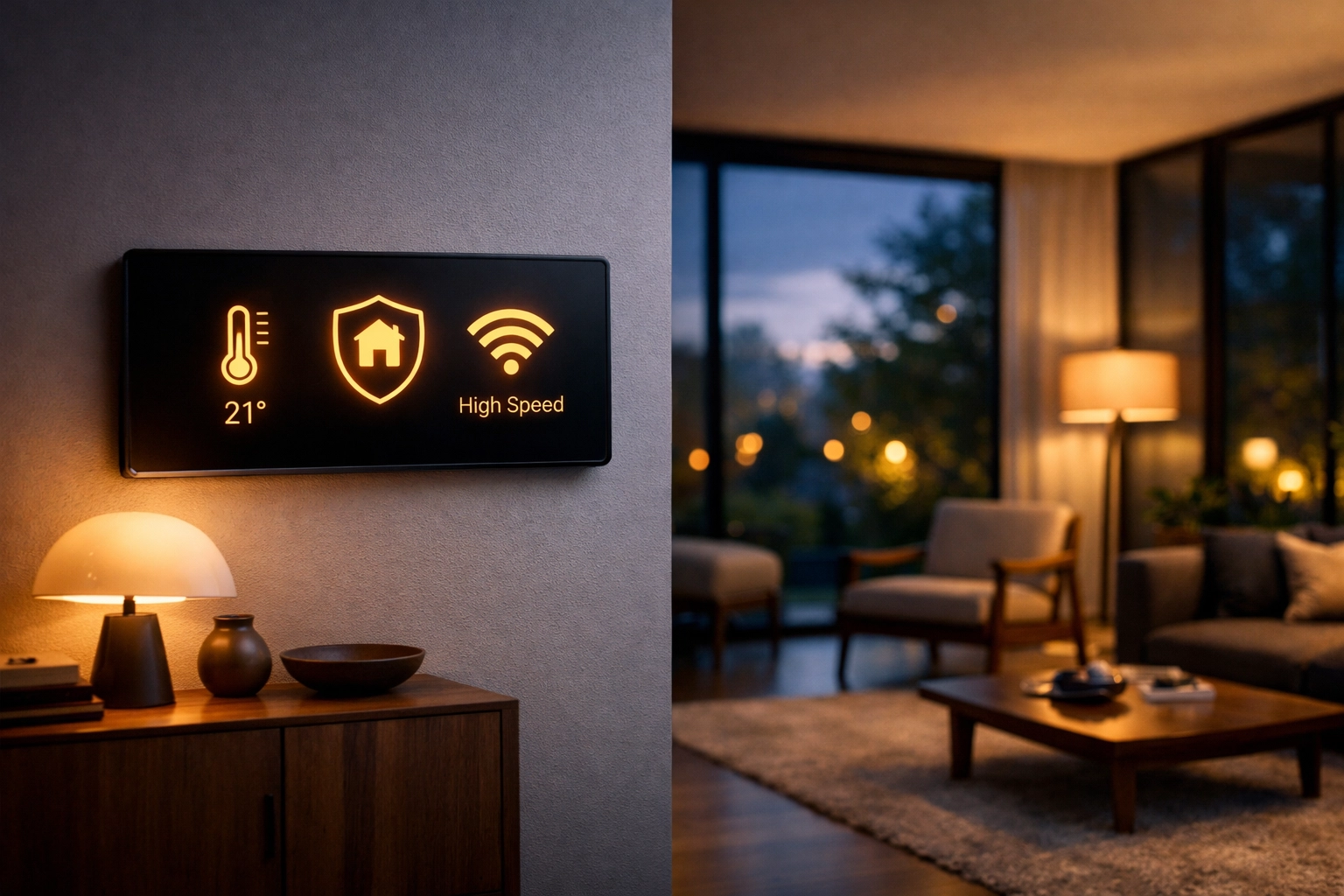 Sleek smart home interface controlling security, Wi-Fi, and climate in a modern, luxury living room.
