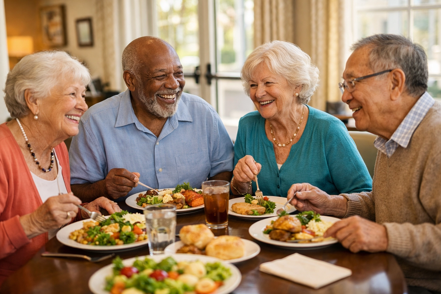 Seniors sharing meal together in assisted living dining room