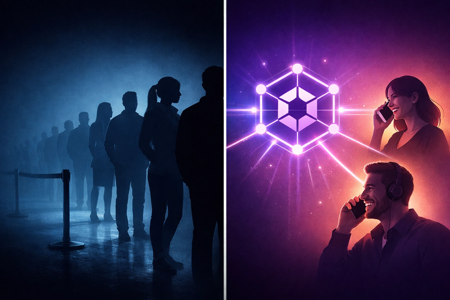 Comparison of traditional hold times versus instant AI call answering with 24/7 availability