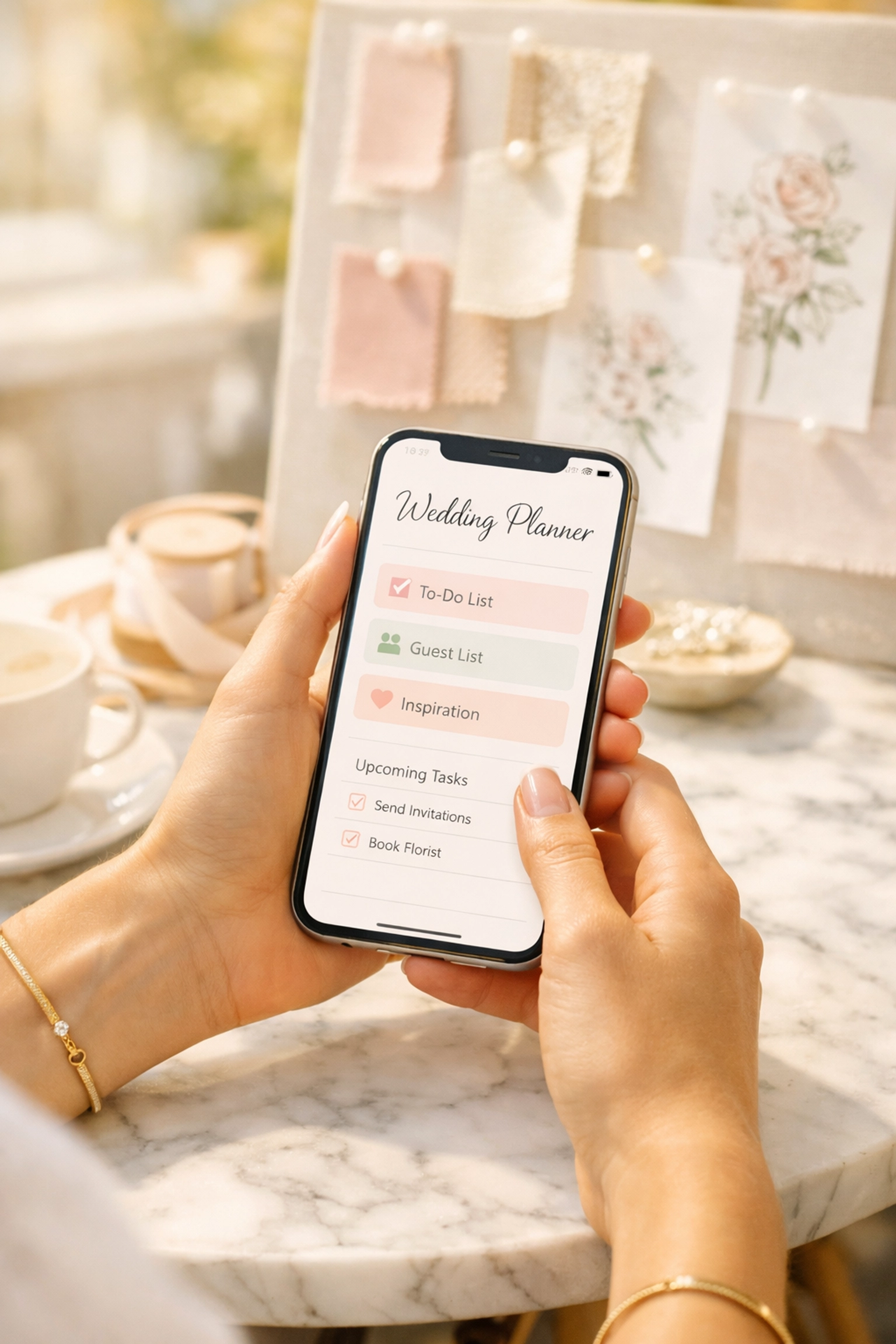 Couple managing their wedding budget and online RSVPs easily on a smartphone during planning.