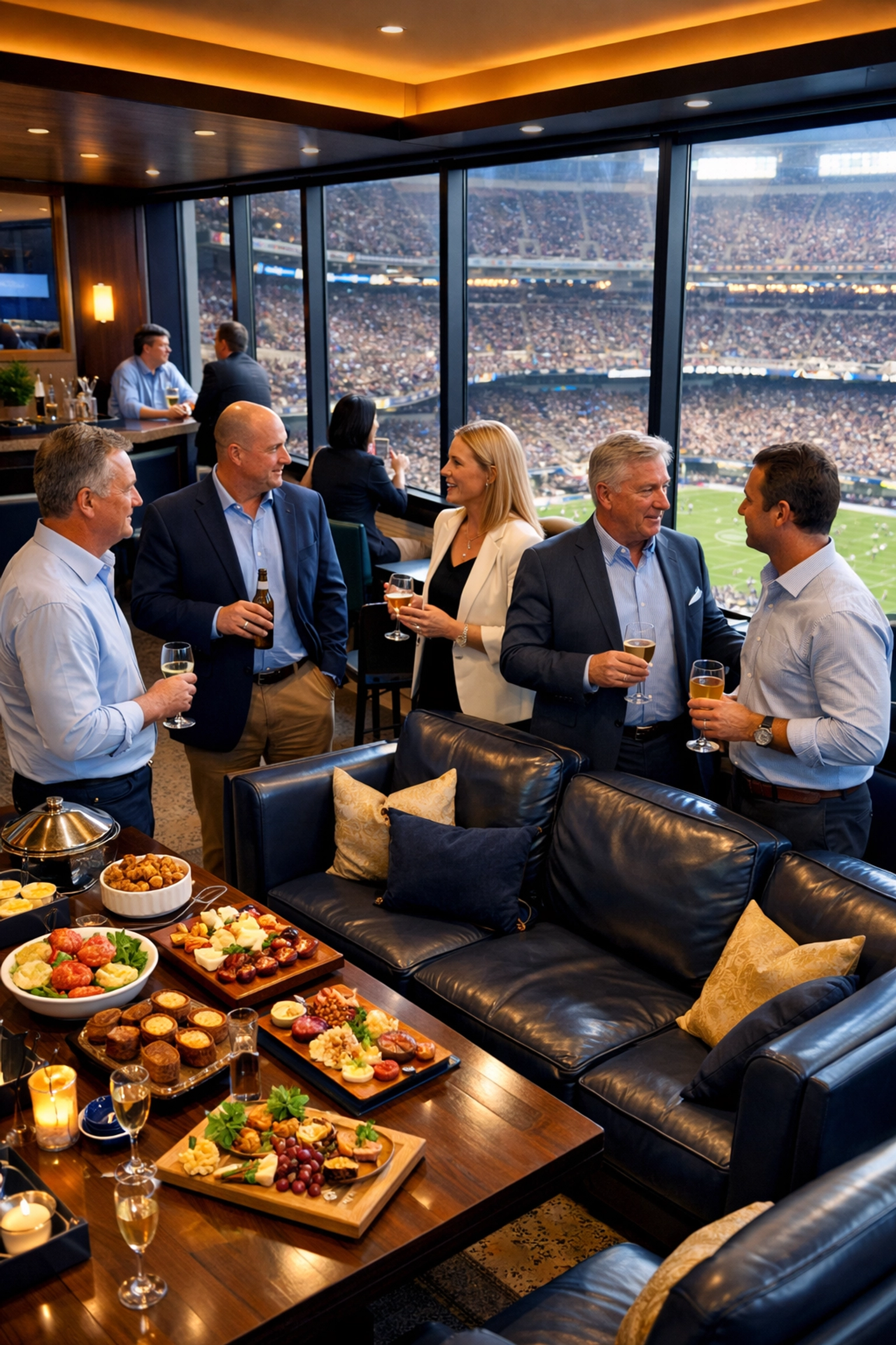 Executives networking in luxury Super Bowl corporate suite with premium hospitality amenities