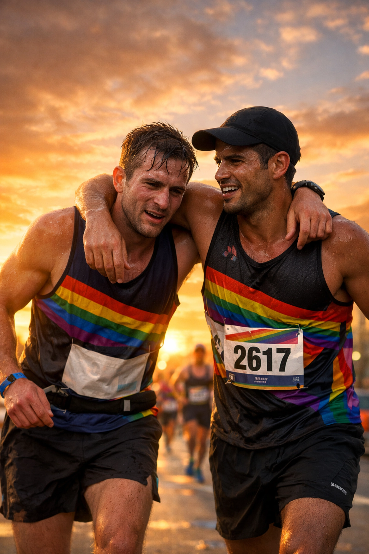 Two marathon runners supporting each other at sunrise showing endurance and solidarity