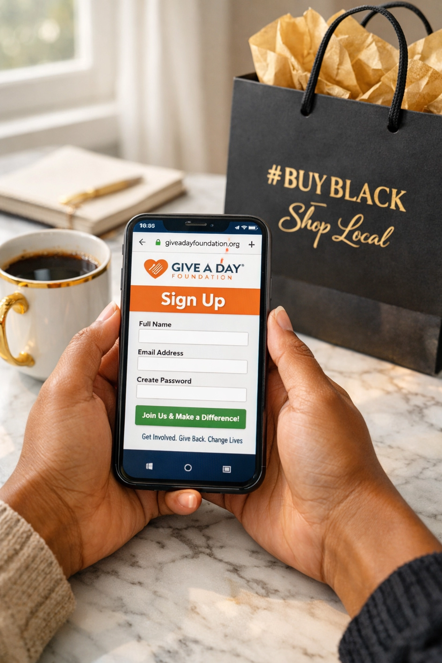 Strengthening Our Roots: Why Give A Day Foundation Matters Today Person signing up for Give A Day Foundation on a smartphone to support the #BuyBlack community movement.