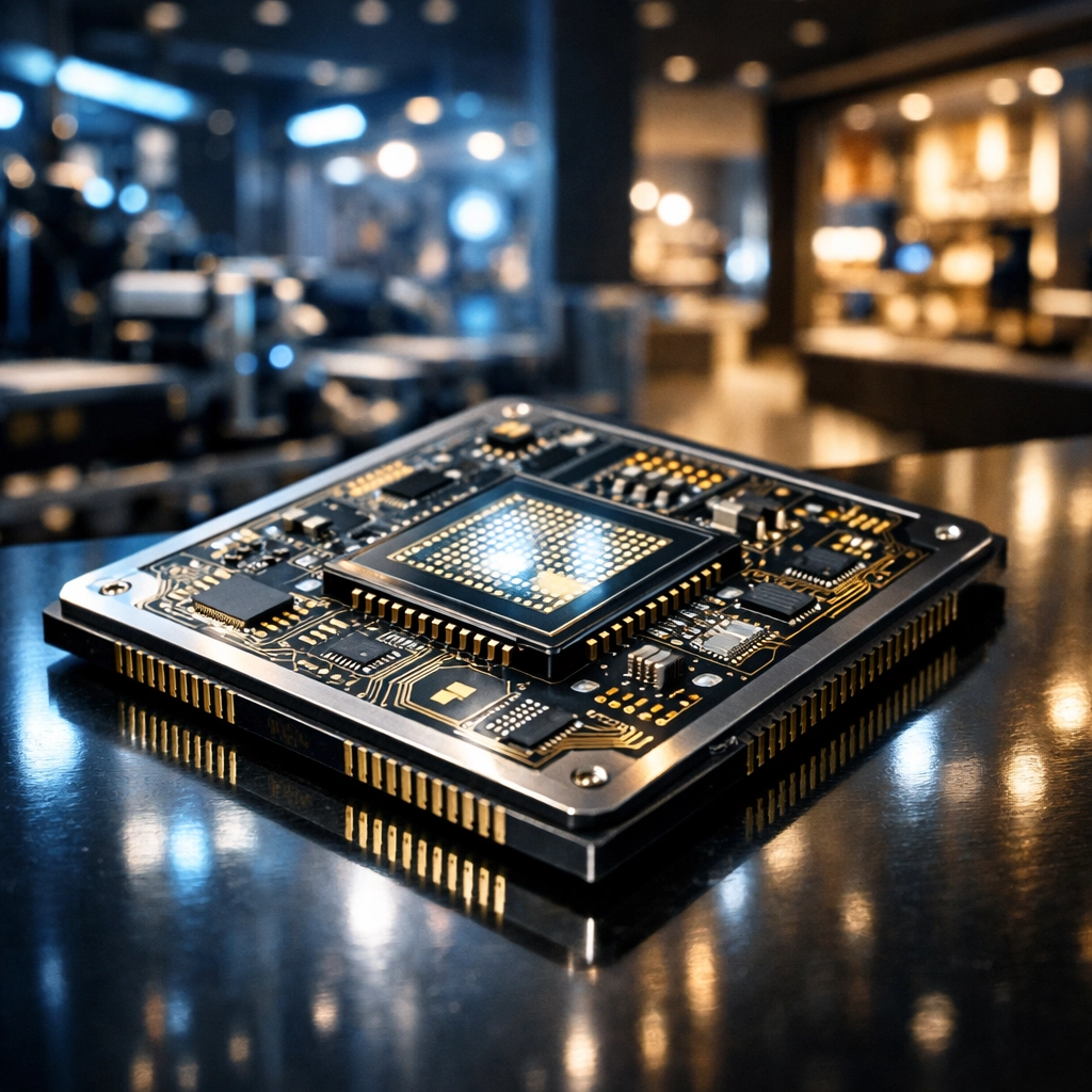 A high-tech semiconductor chip representing AI market demand and corporate earnings for tech and shipping sectors.