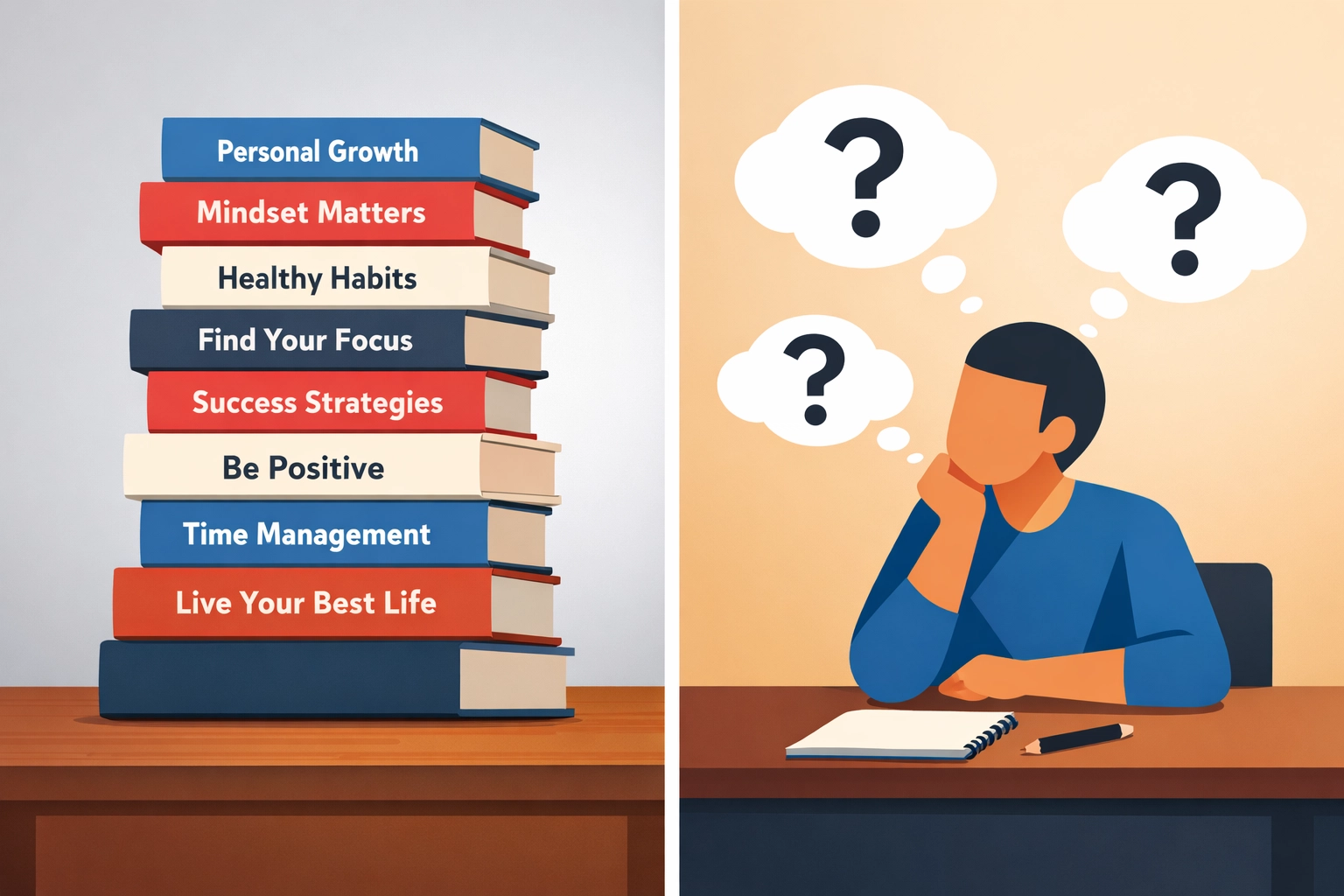 Stack of self-help books and confused professional illustrating the gap between reading and career growth