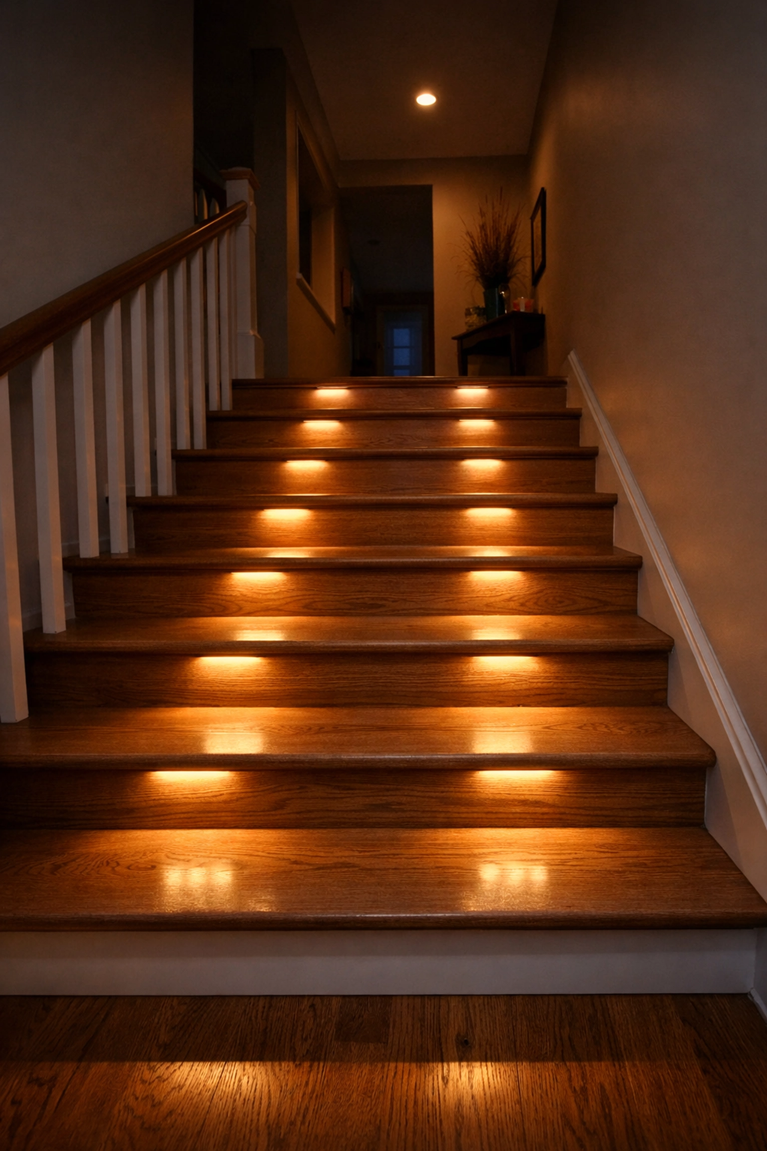 Illuminated staircase with motion-sensor LED lights to improve visibility and stair safety at night.
