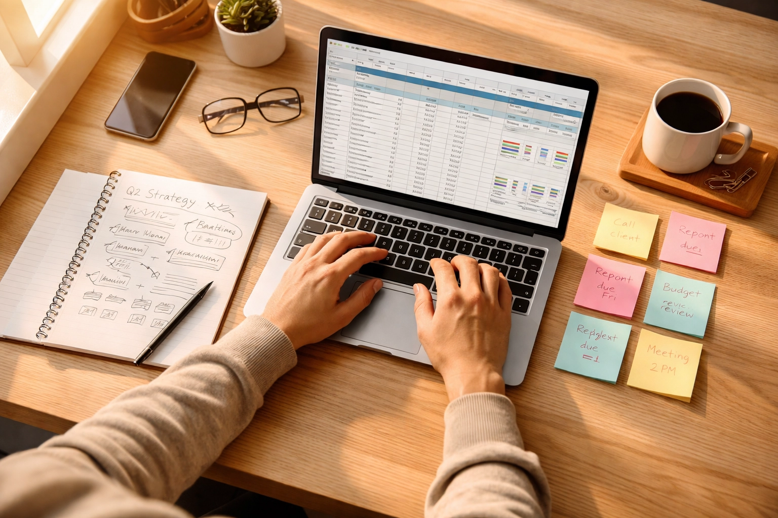 Strategist analyzing AI Share of Voice data on a laptop with spreadsheets and notes, showcasing technical SEO audit process.