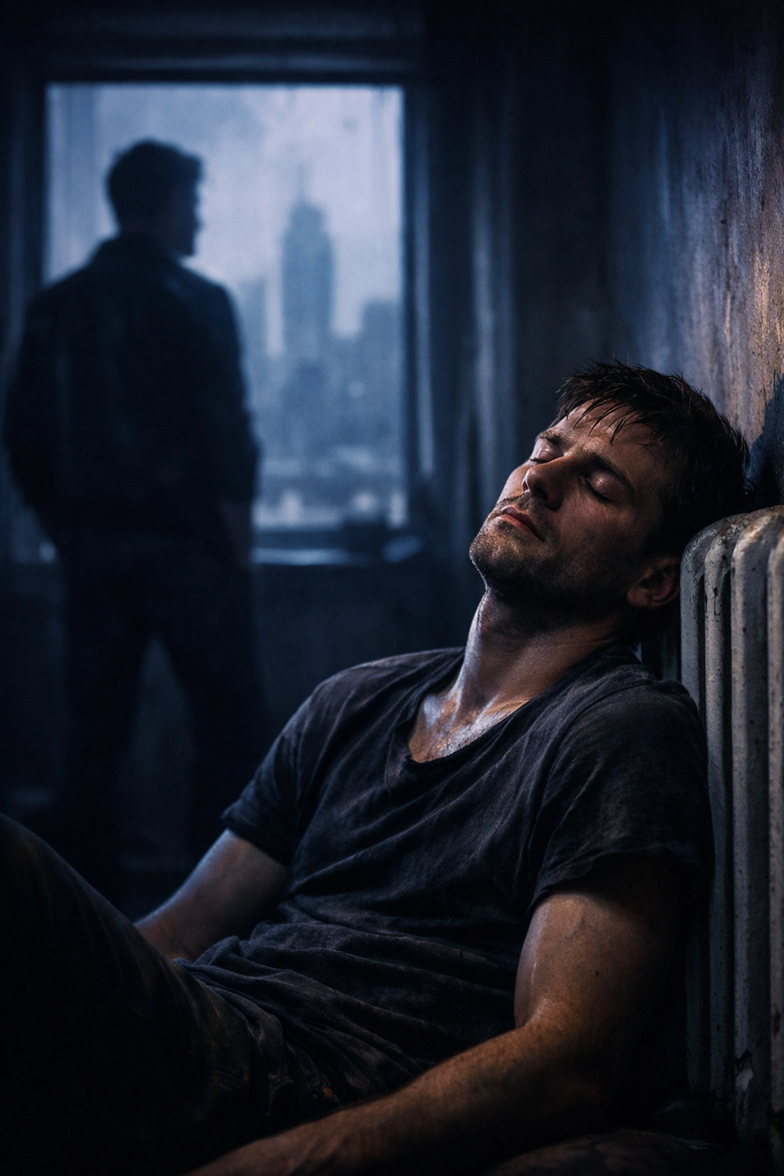 Emotional distance and stress of addiction between two gay men in a dark, cold apartment.