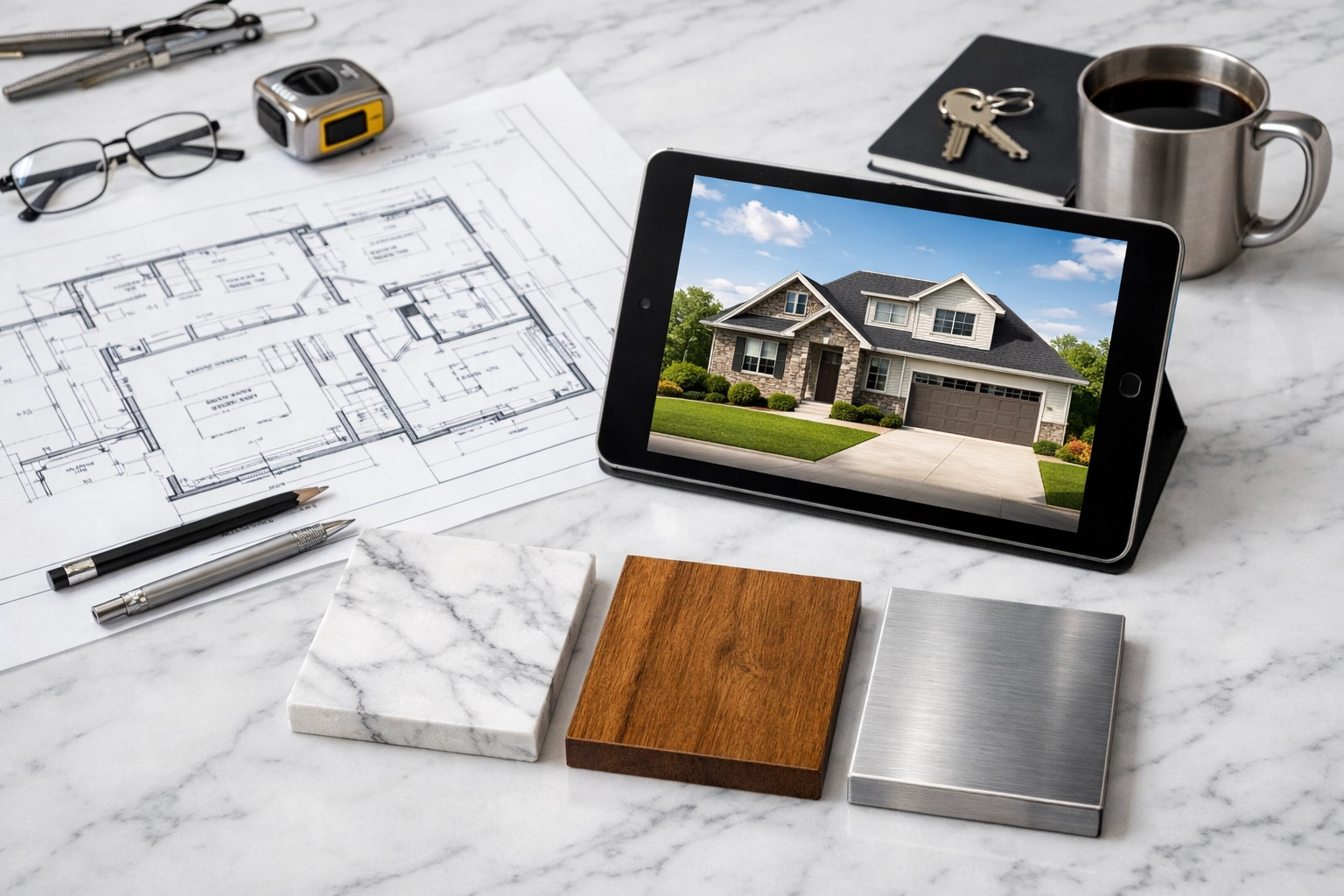 Professional remodeling company workspace with blueprints and high-quality material samples.