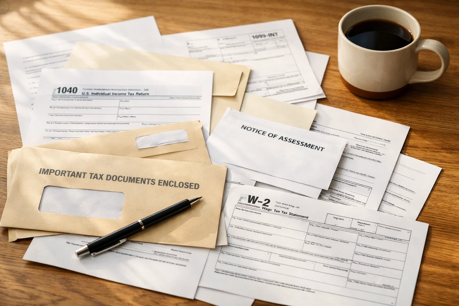 Tax forms and envelopes scattered on wooden desk with coffee mug