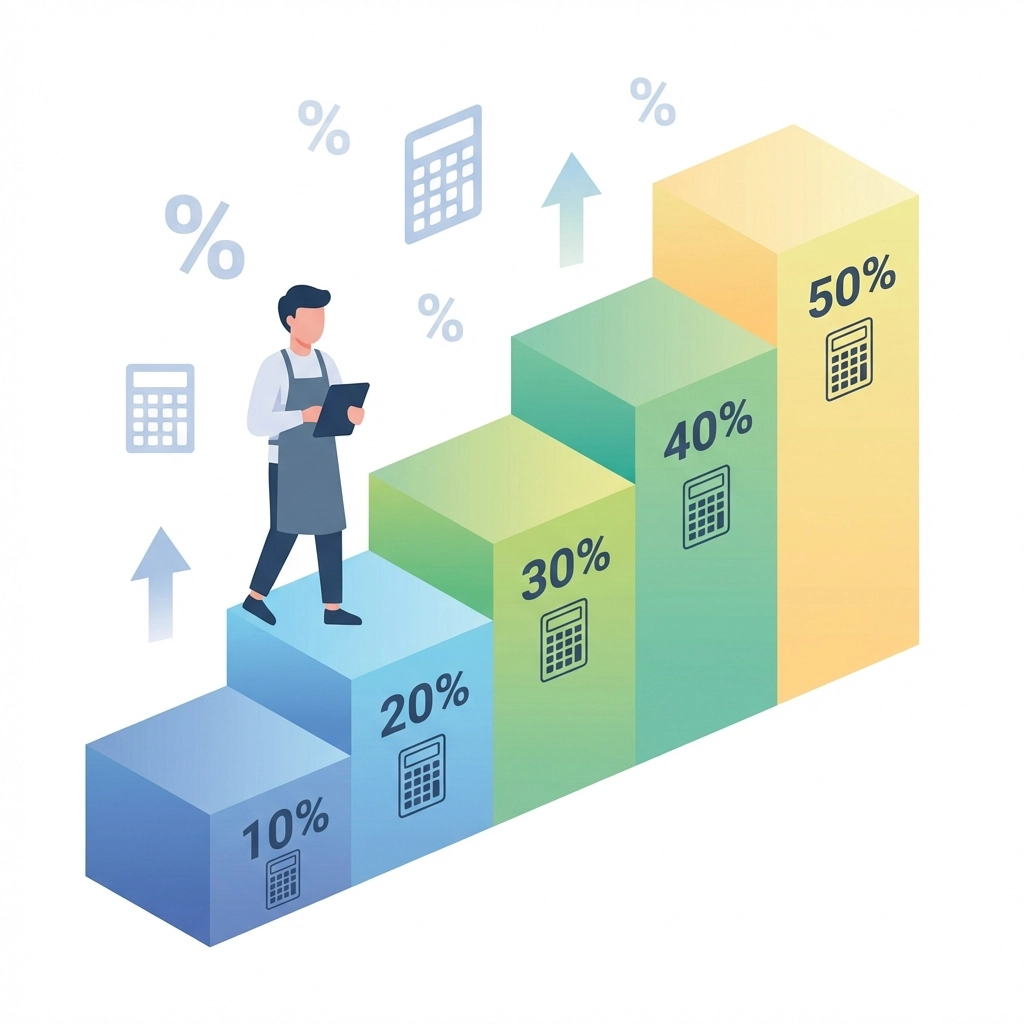 Small business owner ascending tax brackets, illustrating updated federal income tax rates for 2026 returns.