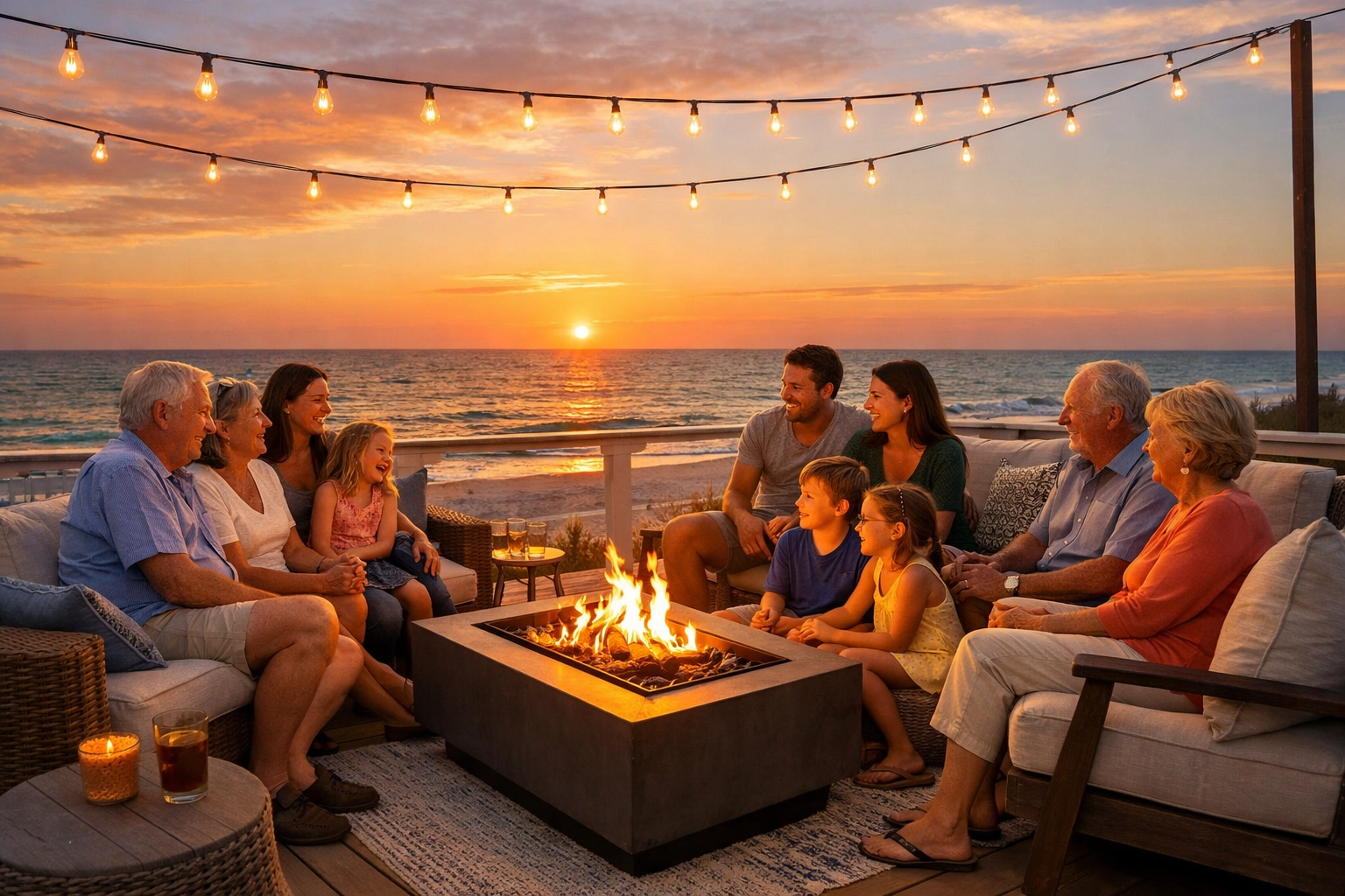 Multigenerational family enjoying beachfront deck at luxury Bolivar Peninsula rental