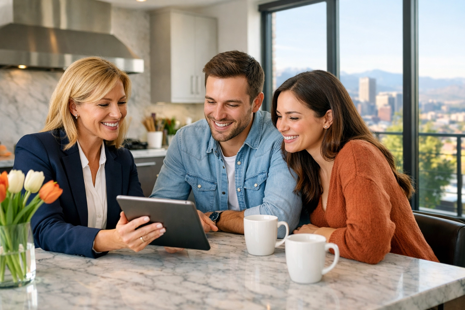 Denver real estate agent and couple negotiating seller concessions in a bright modern kitchen.