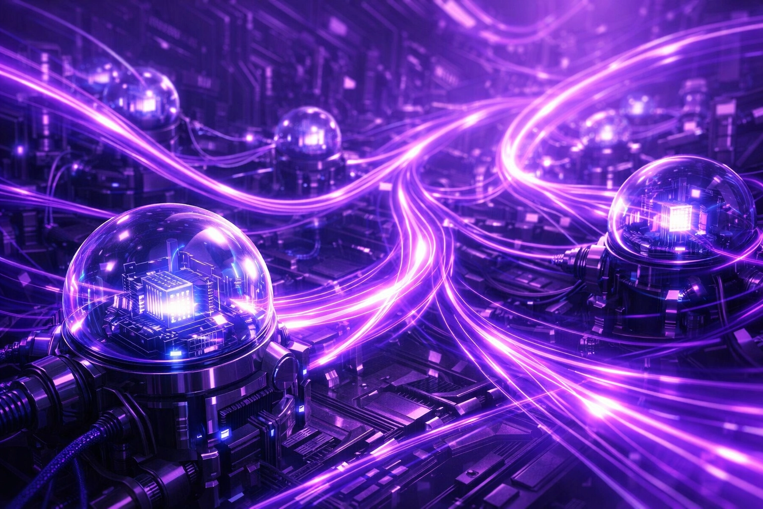 n8n workflow automation visualized as a purple digital network for business processes.