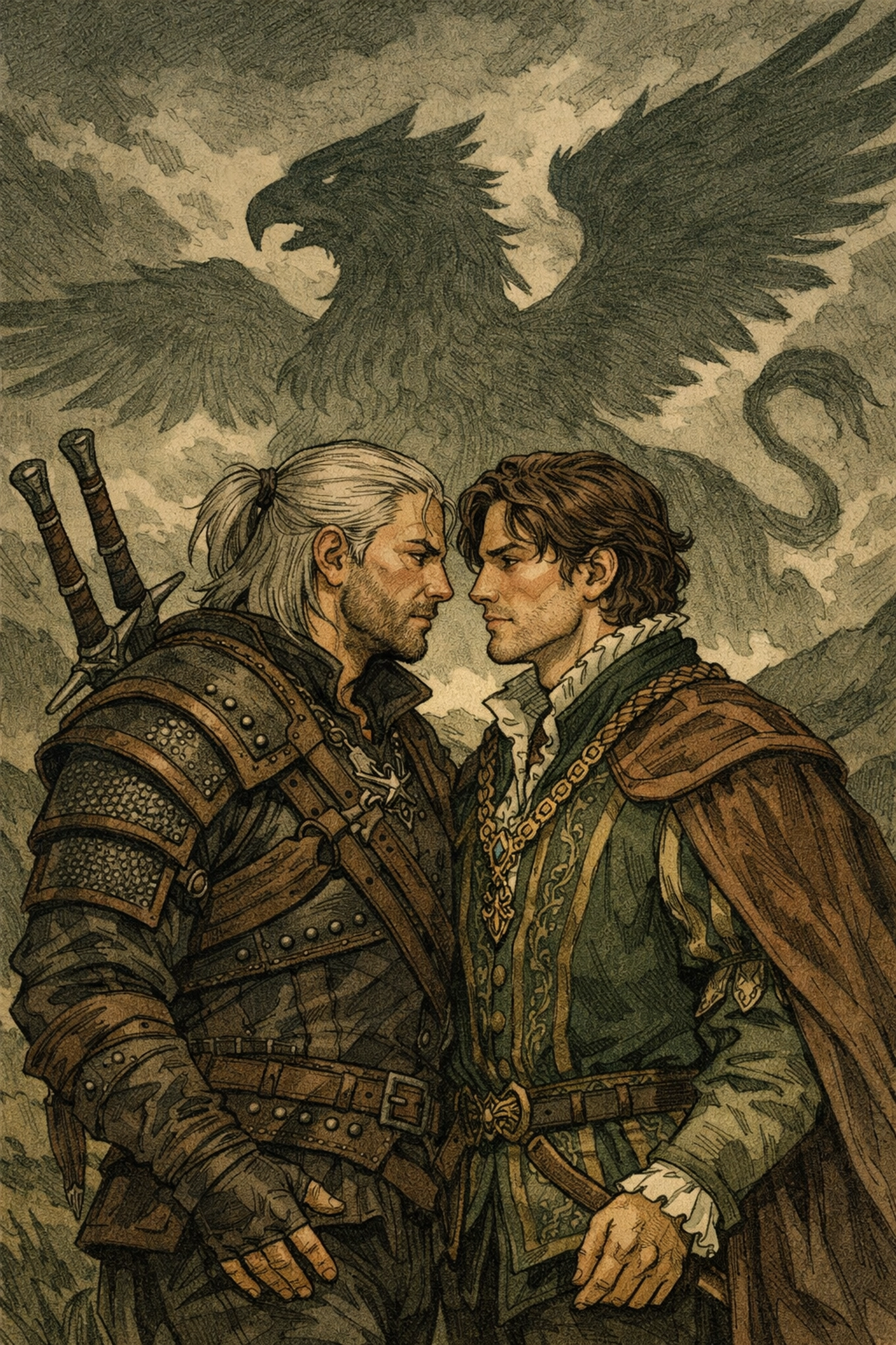 MM fantasy romance: witcher and nobleman face griffin threat together in medieval setting