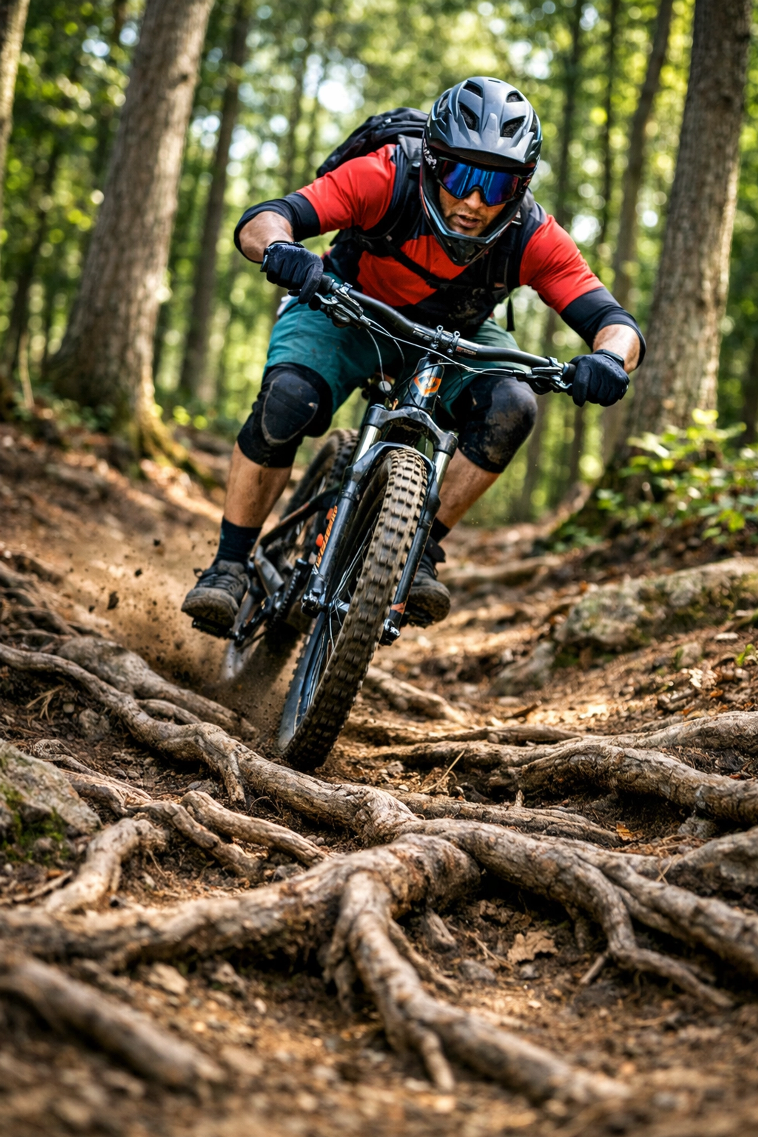 Mountain biker navigating technical root section on Charlotte urban trail
