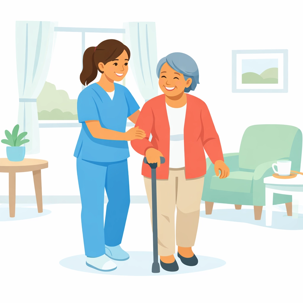 Cuidadora profesional asistiendo a adulta mayor hispana con cuidado personal en casa en Texas