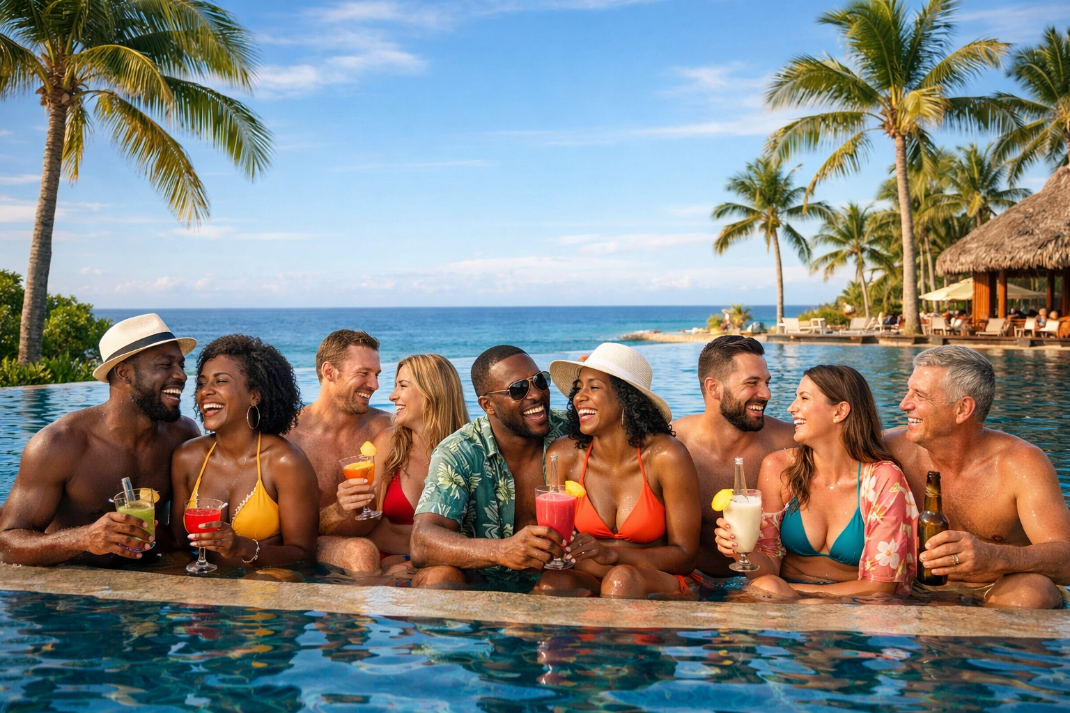 Diverse couples relaxing poolside at Temptation lifestyle resort with tropical ocean views