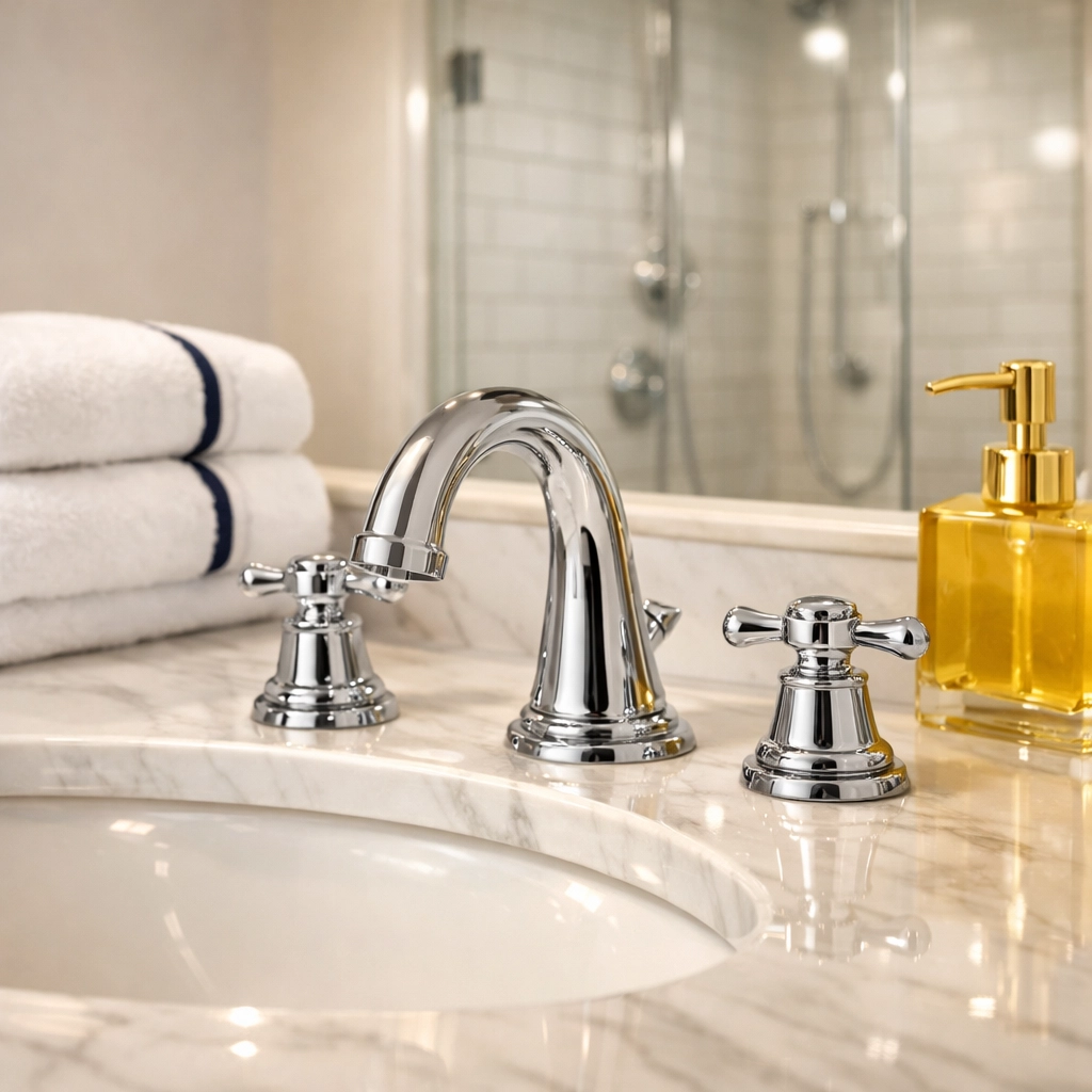 Sanitized luxury bathroom vanity in Newton showing sparkling marble and professional deep cleaning results.