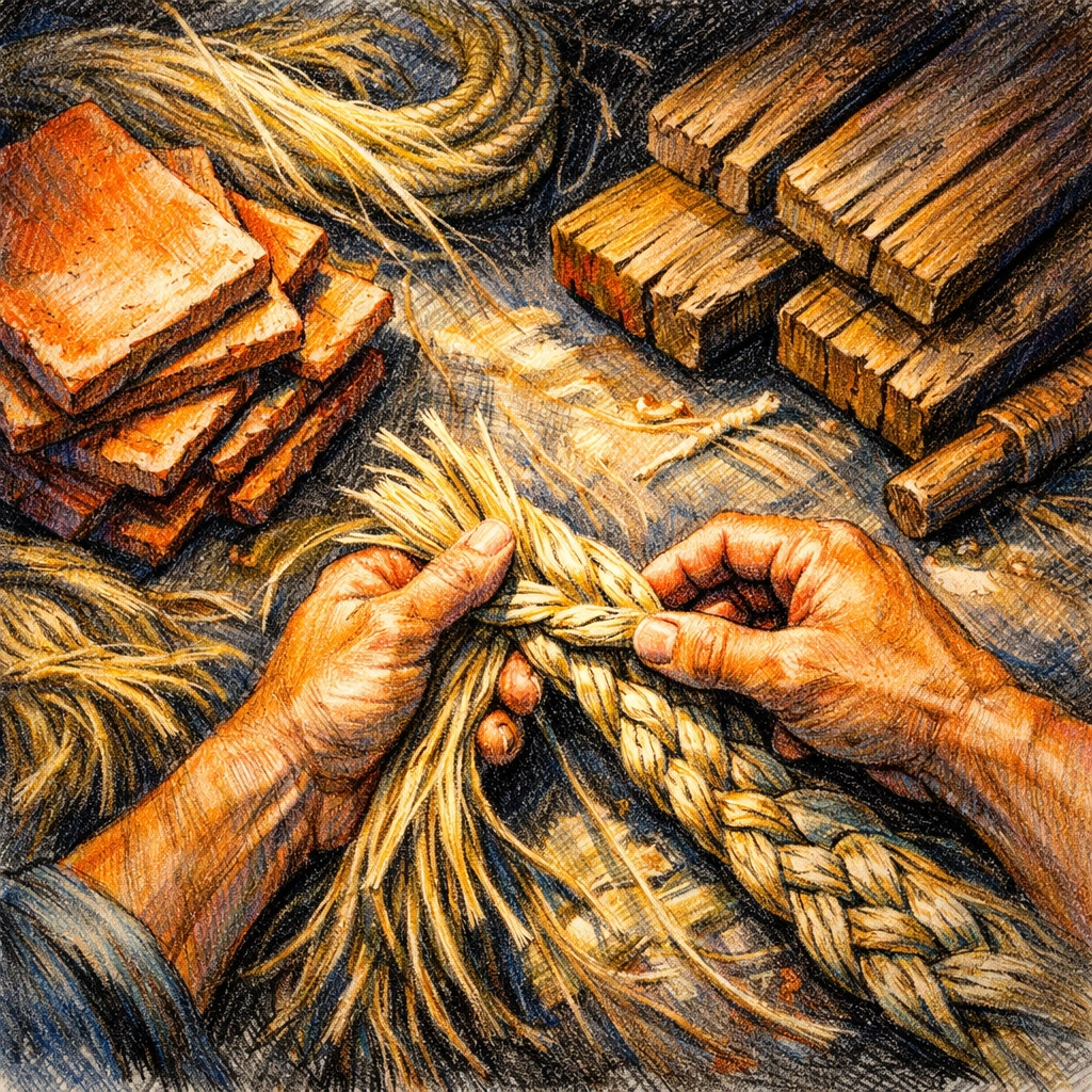 Sustainable hotel architecture illustrated by artisans using local agave fibers and timber.