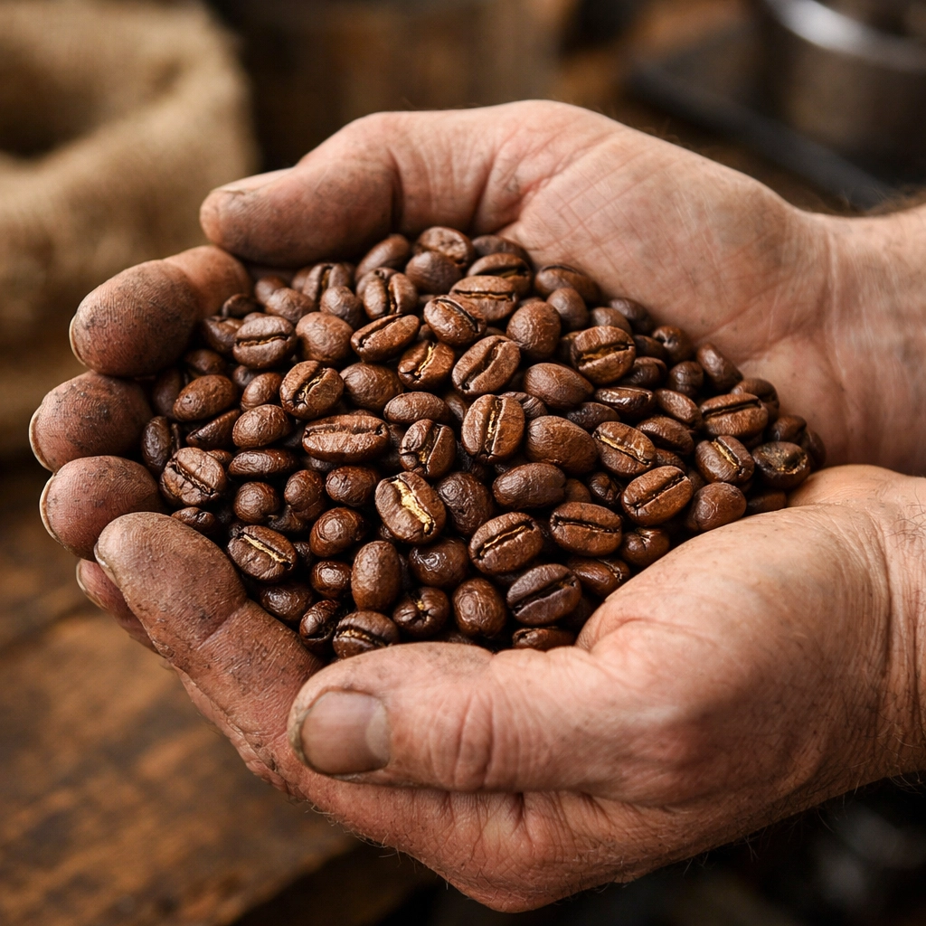 Artisanal roaster holding freshly roasted speciality coffee beans in a rustic workshop.