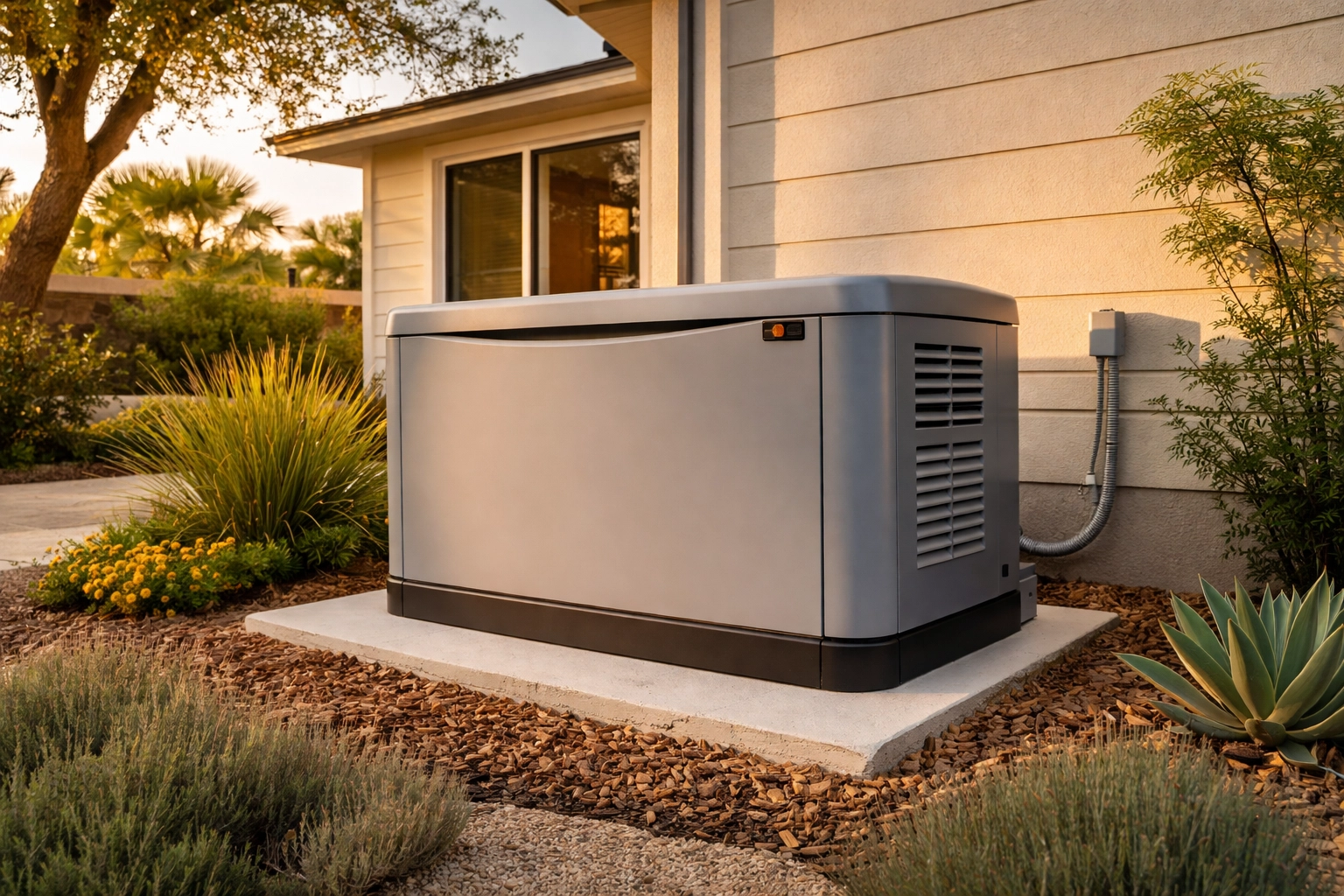 Whole-house standby generator installed beside a Riverside County home, providing reliable backup power during outages.