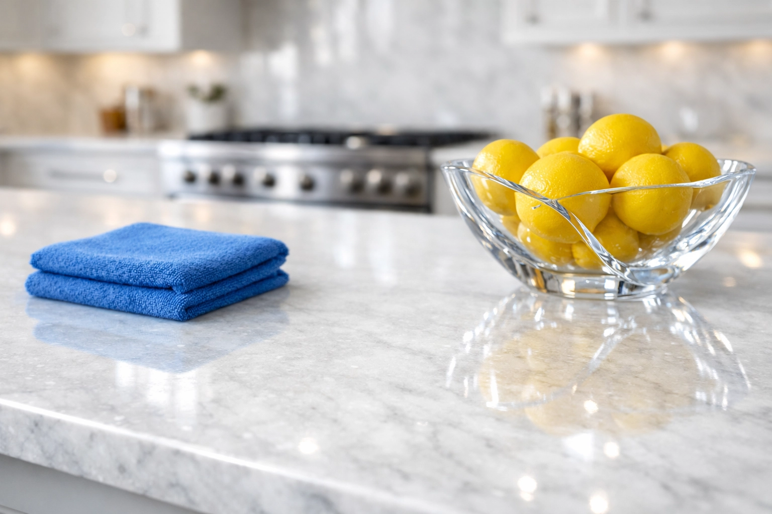 Polished marble kitchen island after expert residential cleaning Massachusetts in a high-end home.