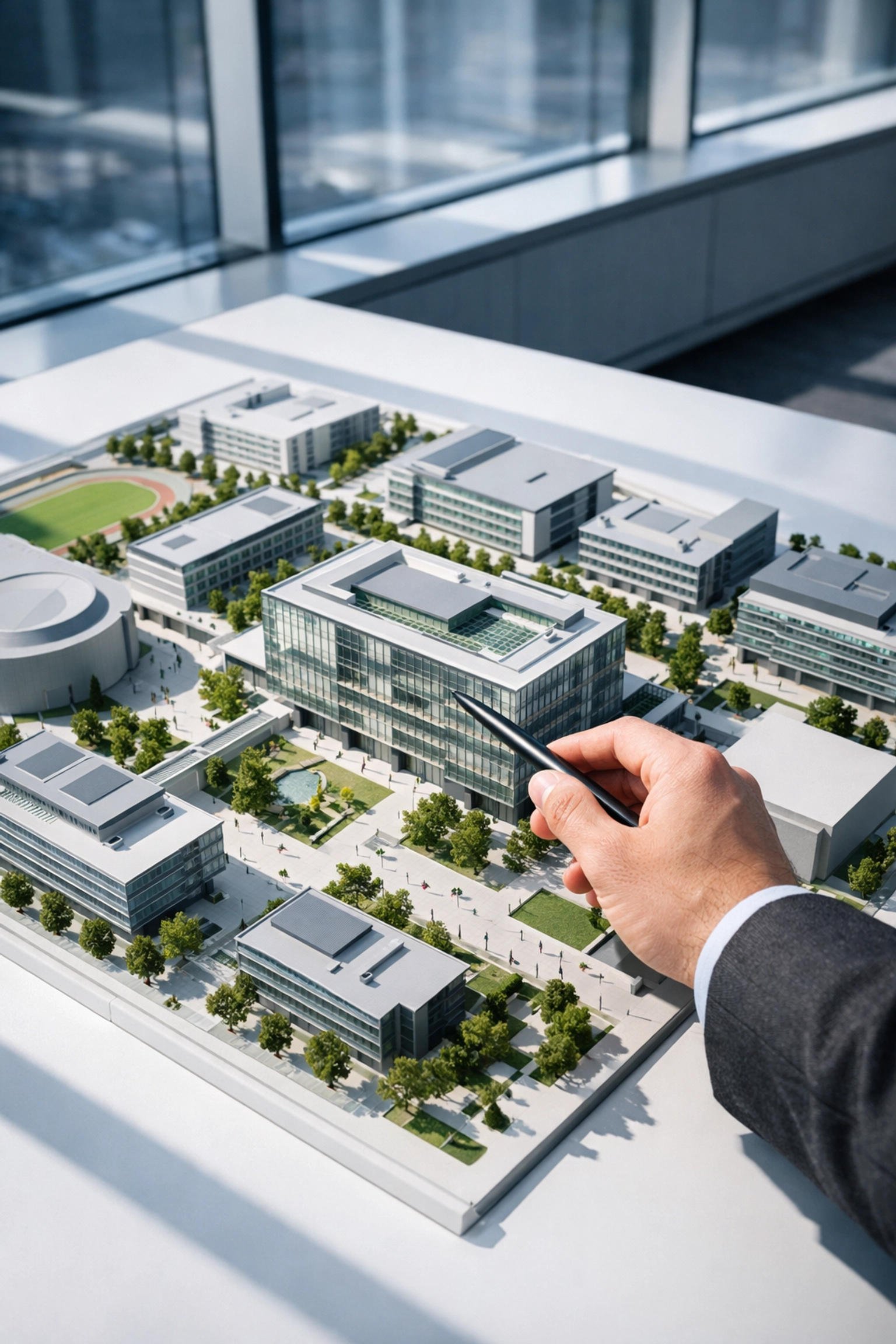 University leaders identifying campus risks on an architectural model for disaster management planning.