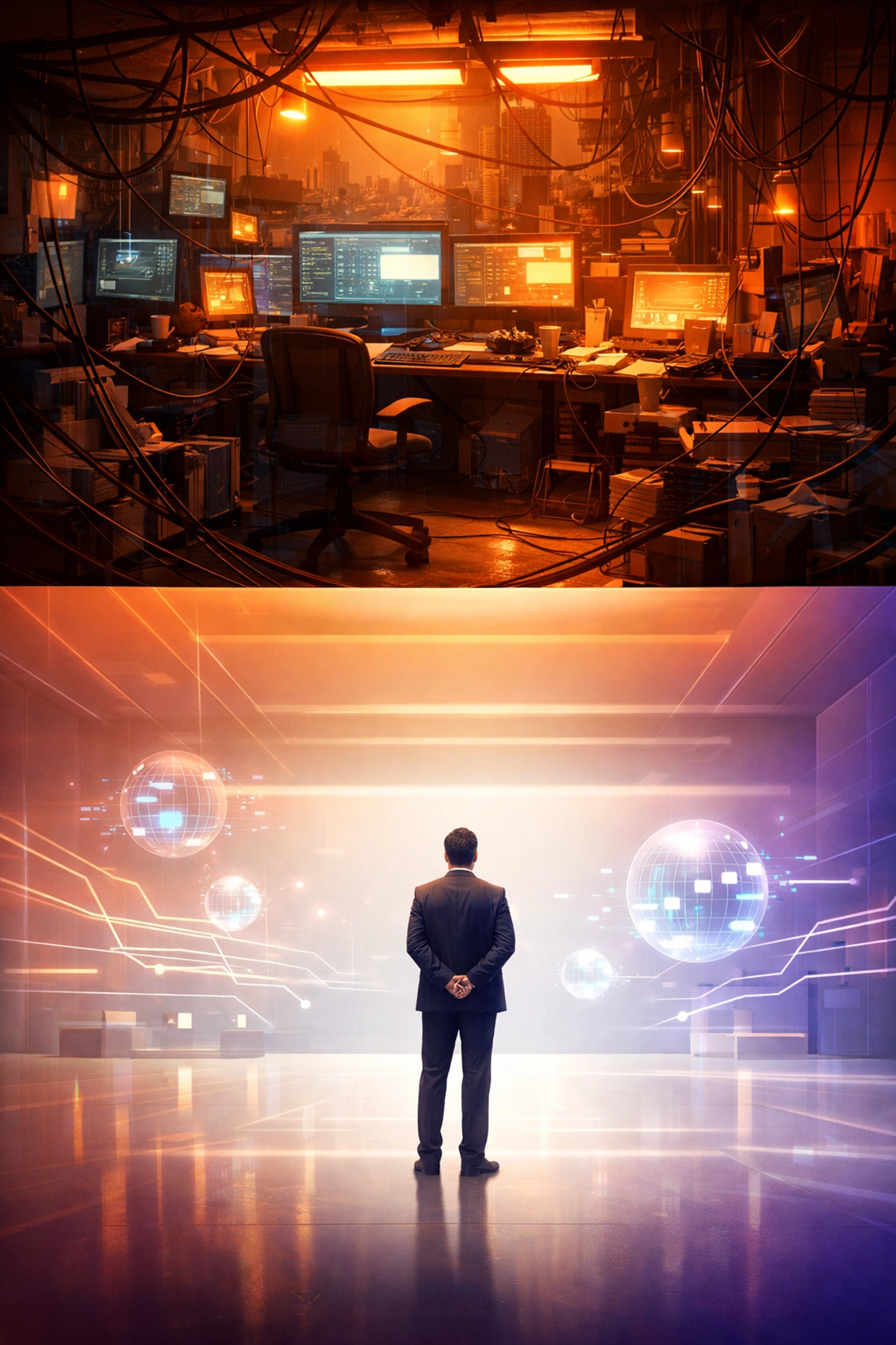 Evolution from traditional marketing hustle to a streamlined, AI-driven fractional marketing strategy.