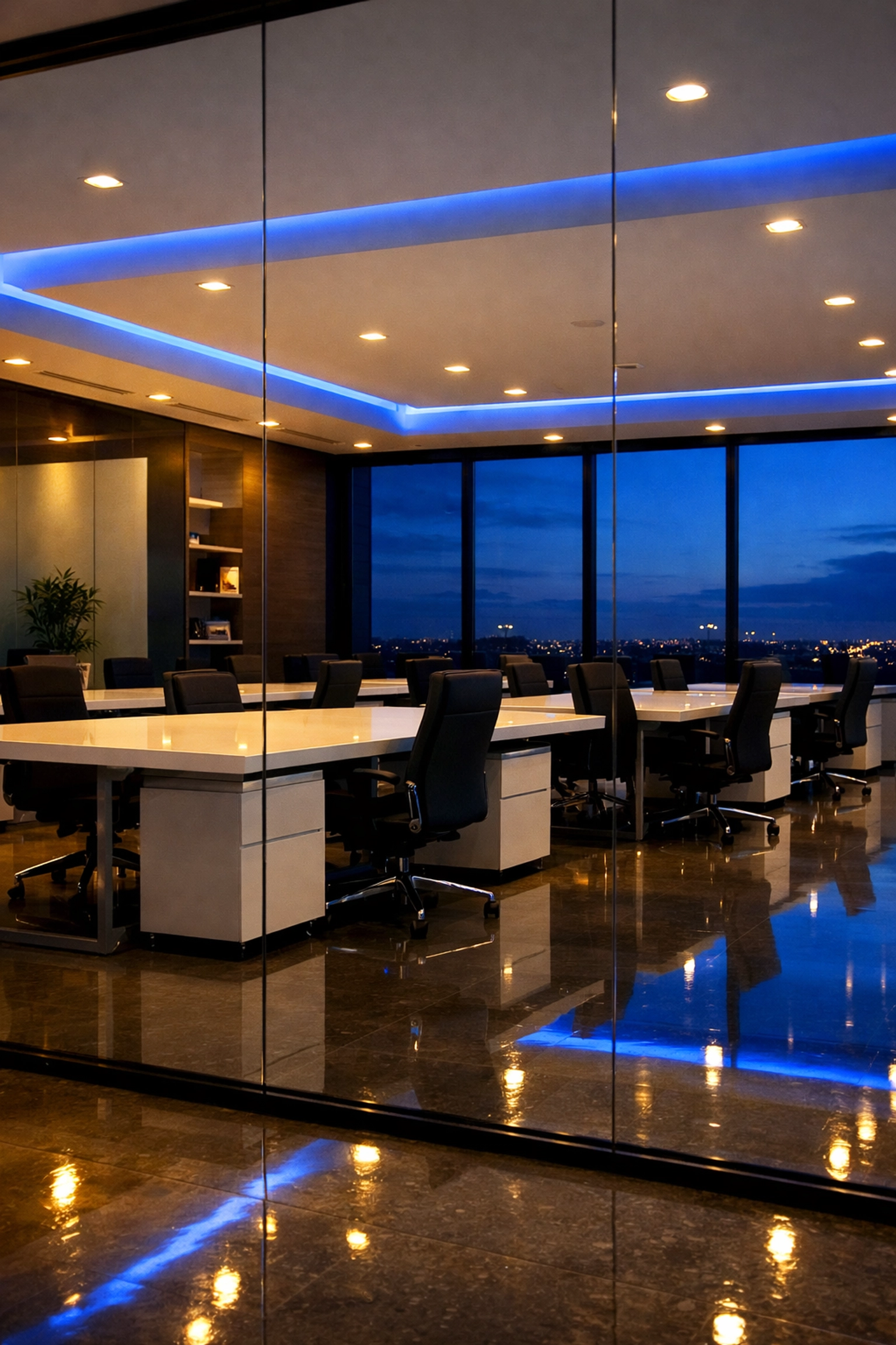 A pristine Woburn office interior at night featuring polished floors and spotless windows.