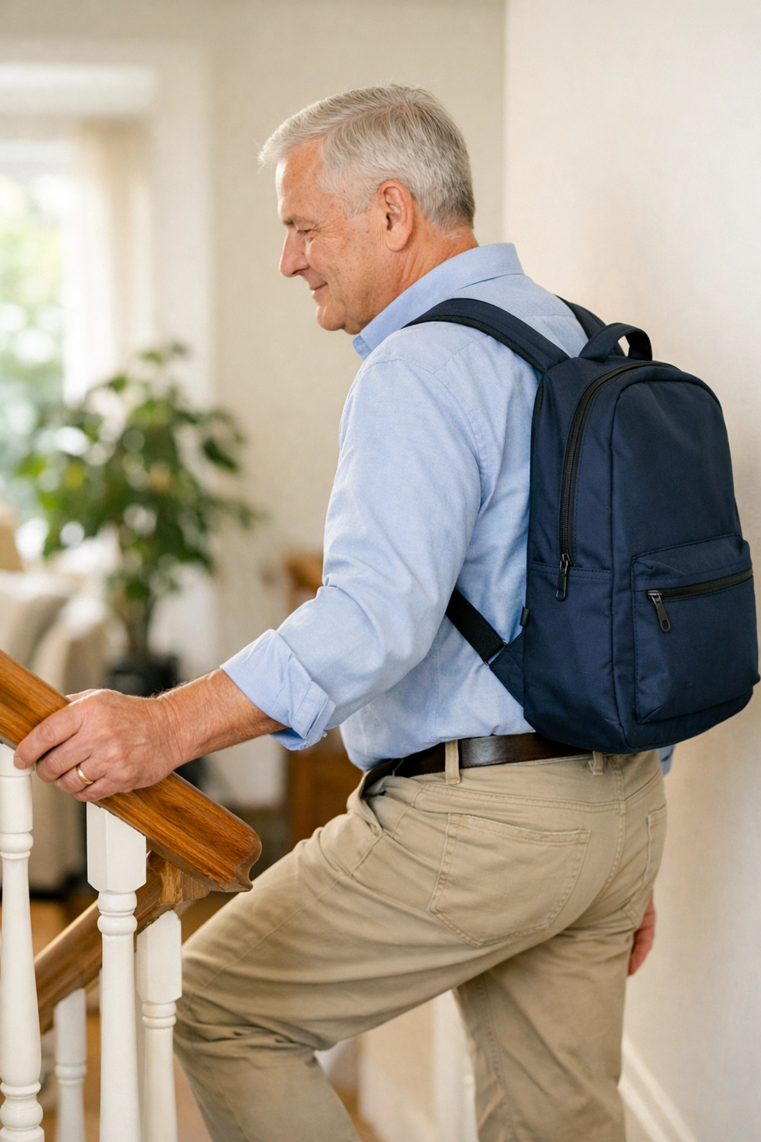 Senior man practicing stair safety by using a handrail and a backpack to keep his hands free while climbing.