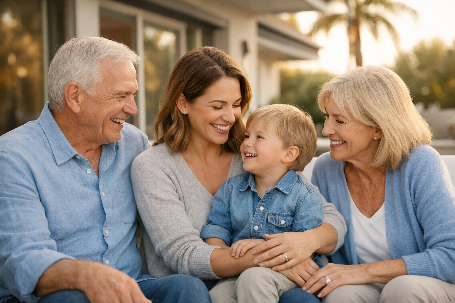 A multi-generational family on a California patio representing the security of permanent life insurance.