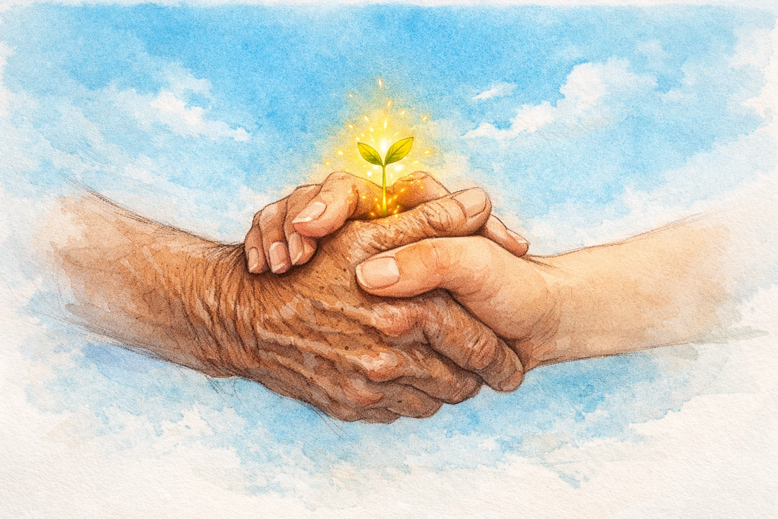 Hands clasped in faith with a growing seedling symbolizing hope in the divine healing journey.