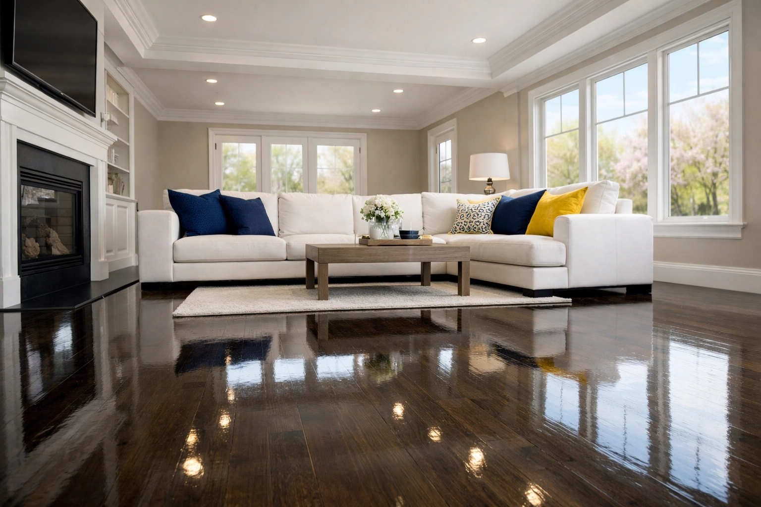 A sunlit living room with polished hardwood floors following a professional residential cleaning MA.