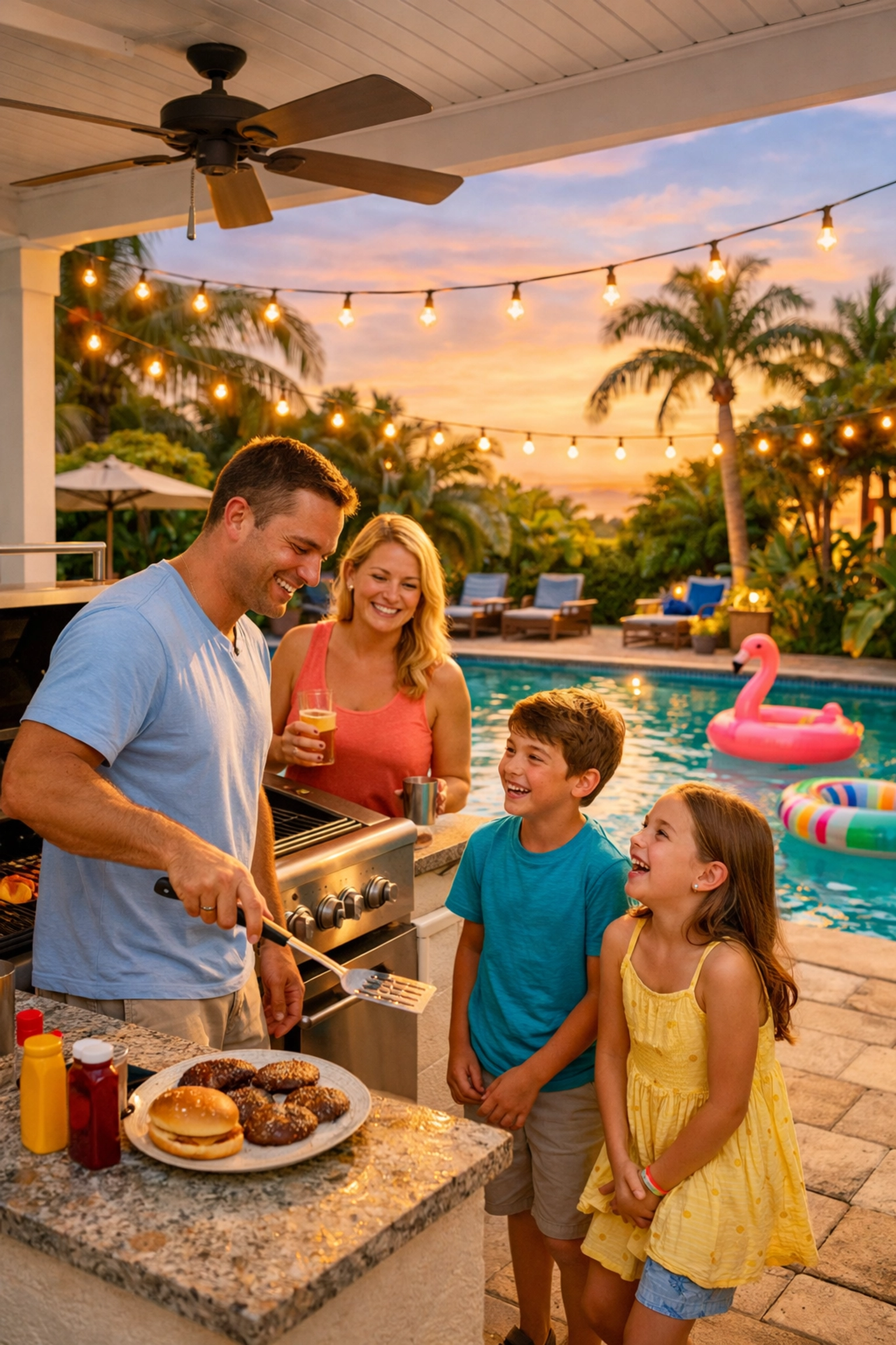 Family enjoying outdoor grilling and pool at Florida vacation rental property