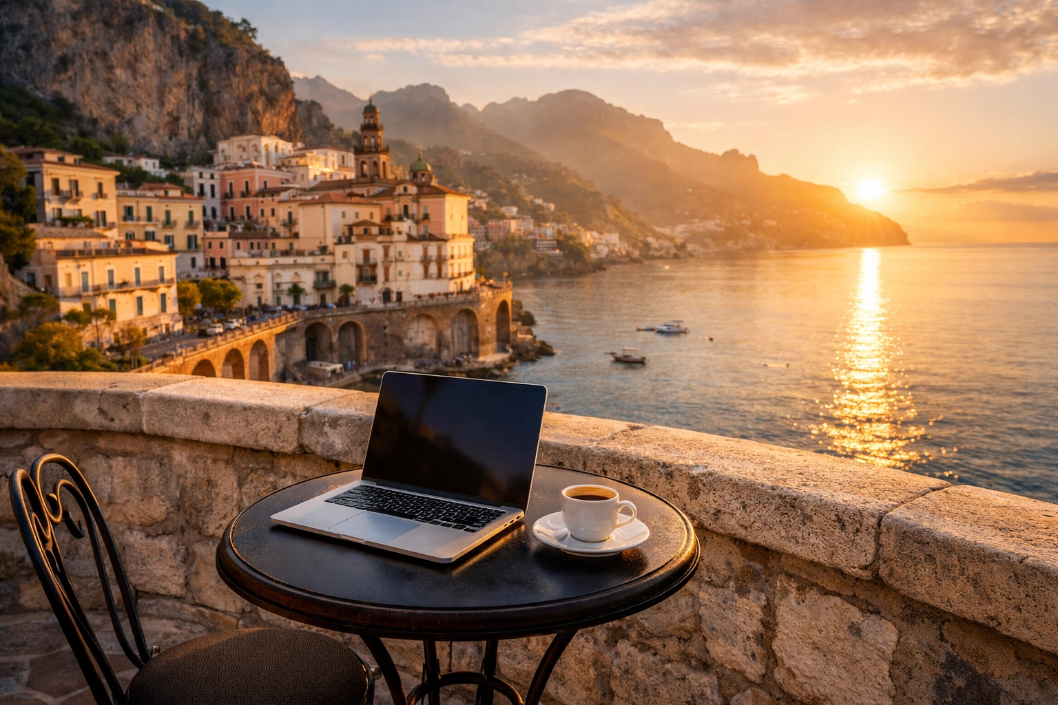 Laptop on a balcony overlooking a Mediterranean village, showing the lifestyle of a travel advisor.