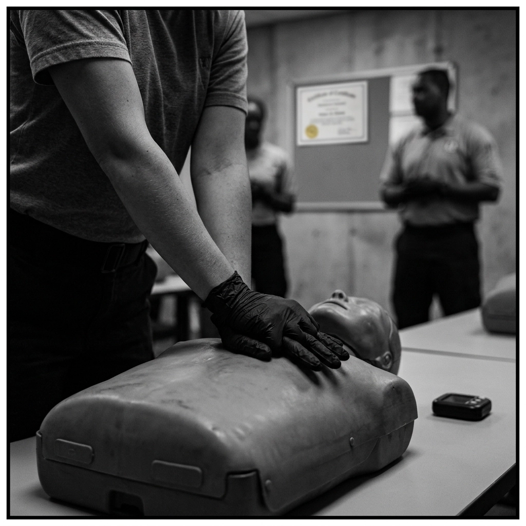 High-contrast photography focusing on hands practicing CPR