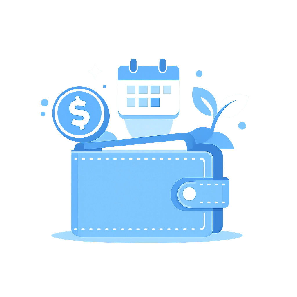 Billetera con iconos de ahorro y calendario para organizar el presupuesto familiar mensual.