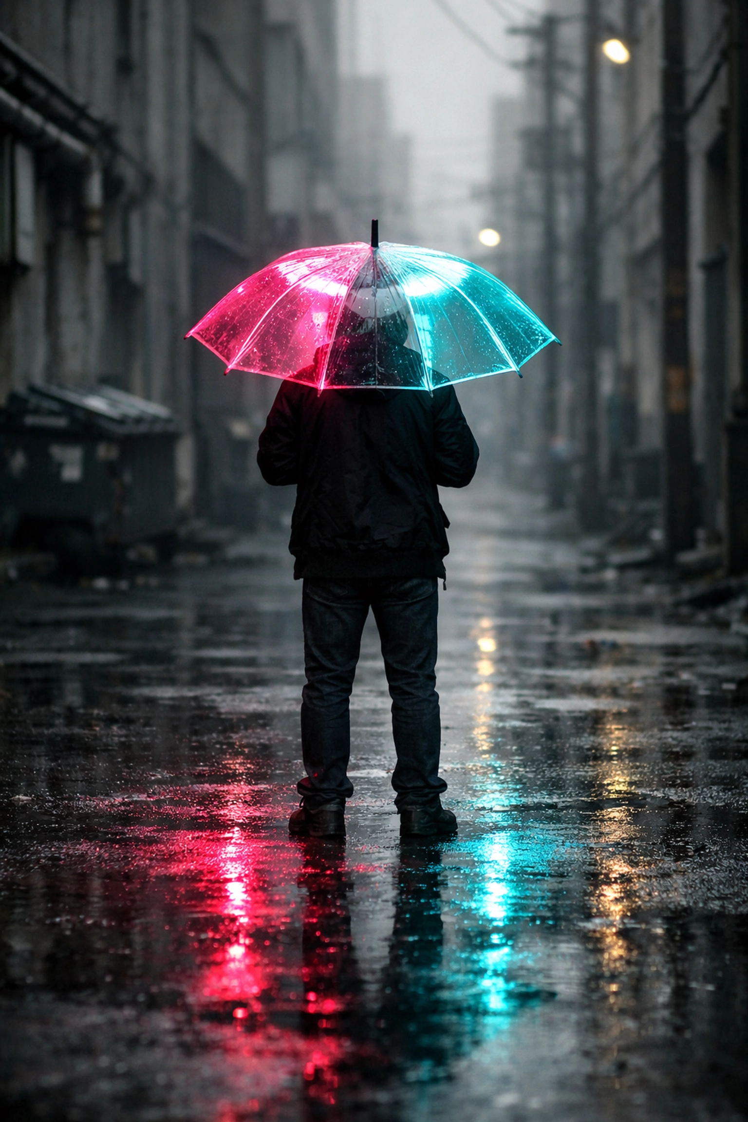 Person holding a glowing neon umbrella in a dark alley, illustrating visual disruption and high-contrast colors.