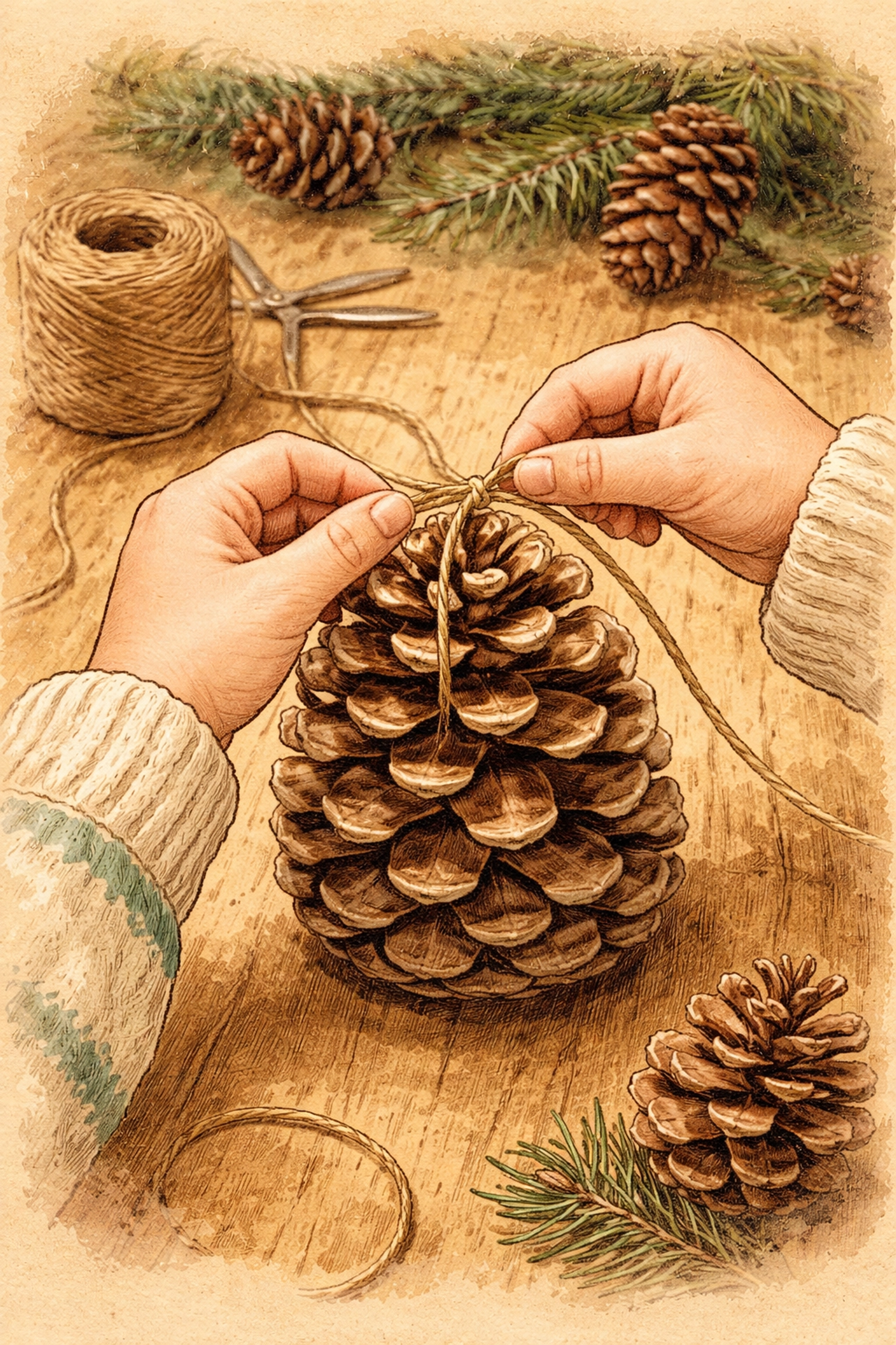 Child tying string around a pinecone for a homemade bird feeder, close-up view of hands