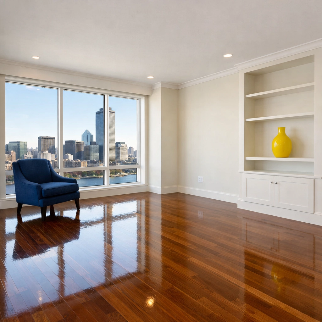 Empty luxury apartment in Boston with polished hardwood floors after a professional move-out cleaning service.